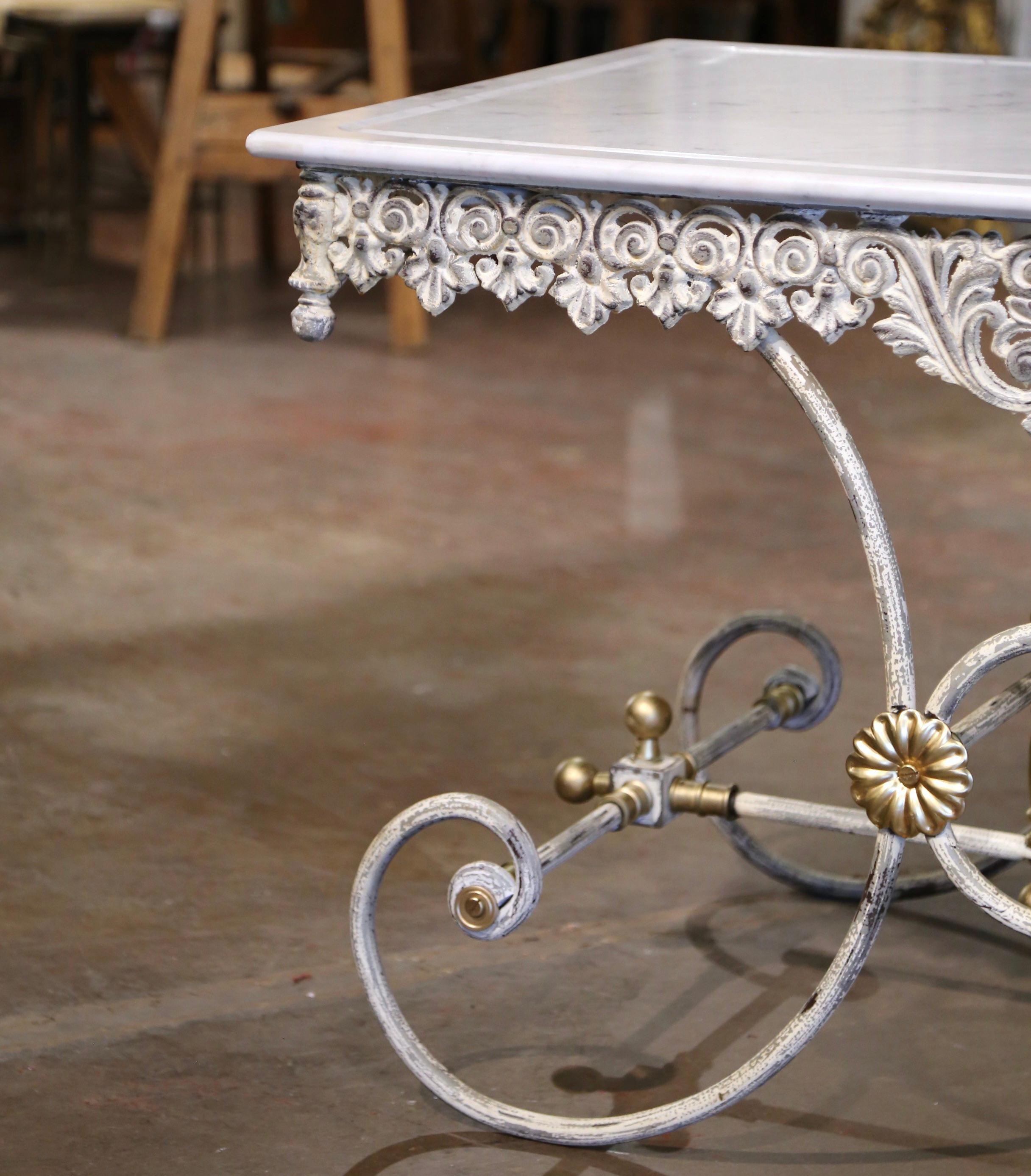 Hand-Crafted Vintage French Marble Top Painted Iron and Brass Pastry Butcher Table For Sale