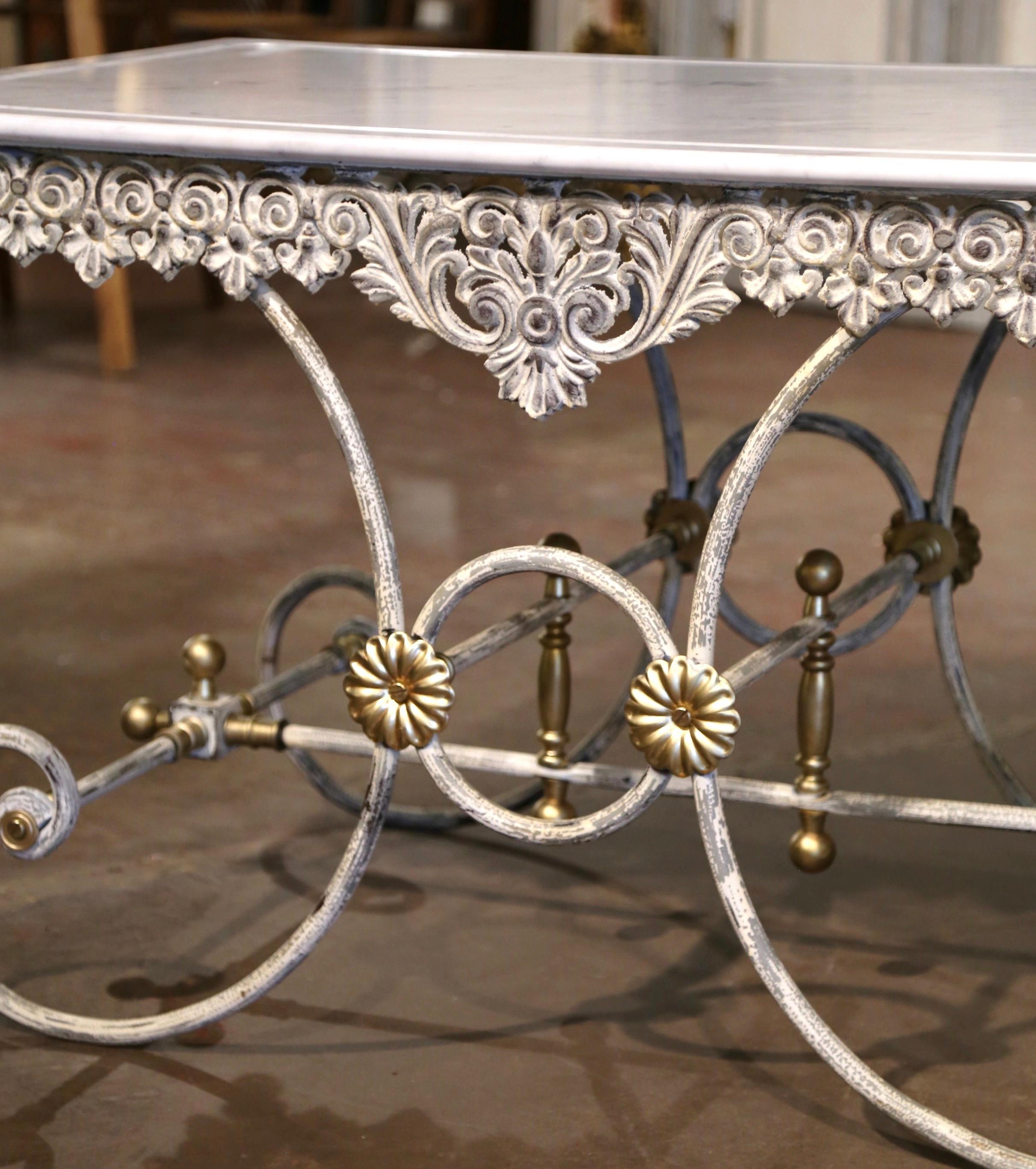 Vintage French Marble Top Painted Iron and Brass Pastry Butcher Table In Excellent Condition For Sale In Dallas, TX