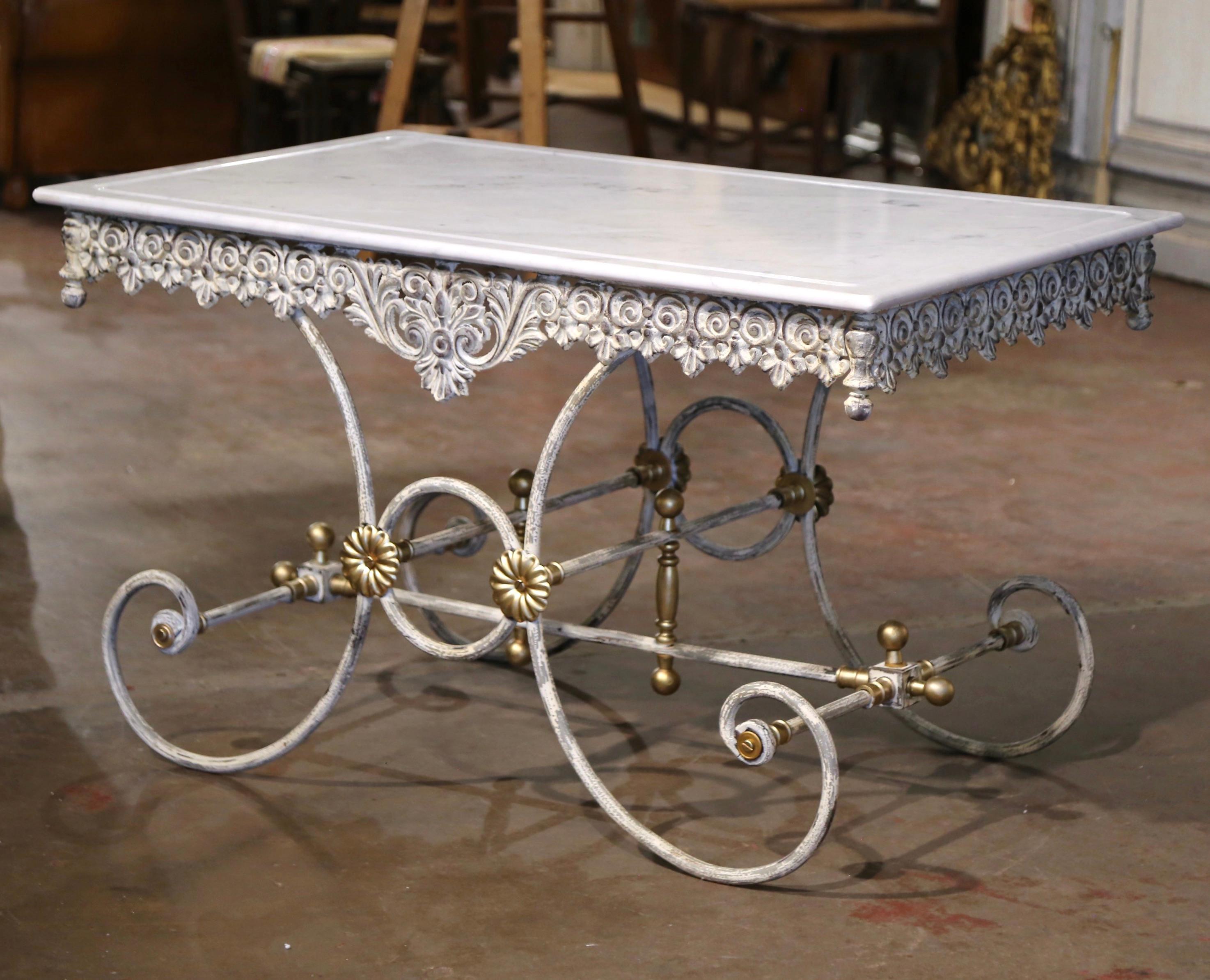 Contemporary Vintage French Marble Top Painted Iron and Brass Pastry Butcher Table For Sale