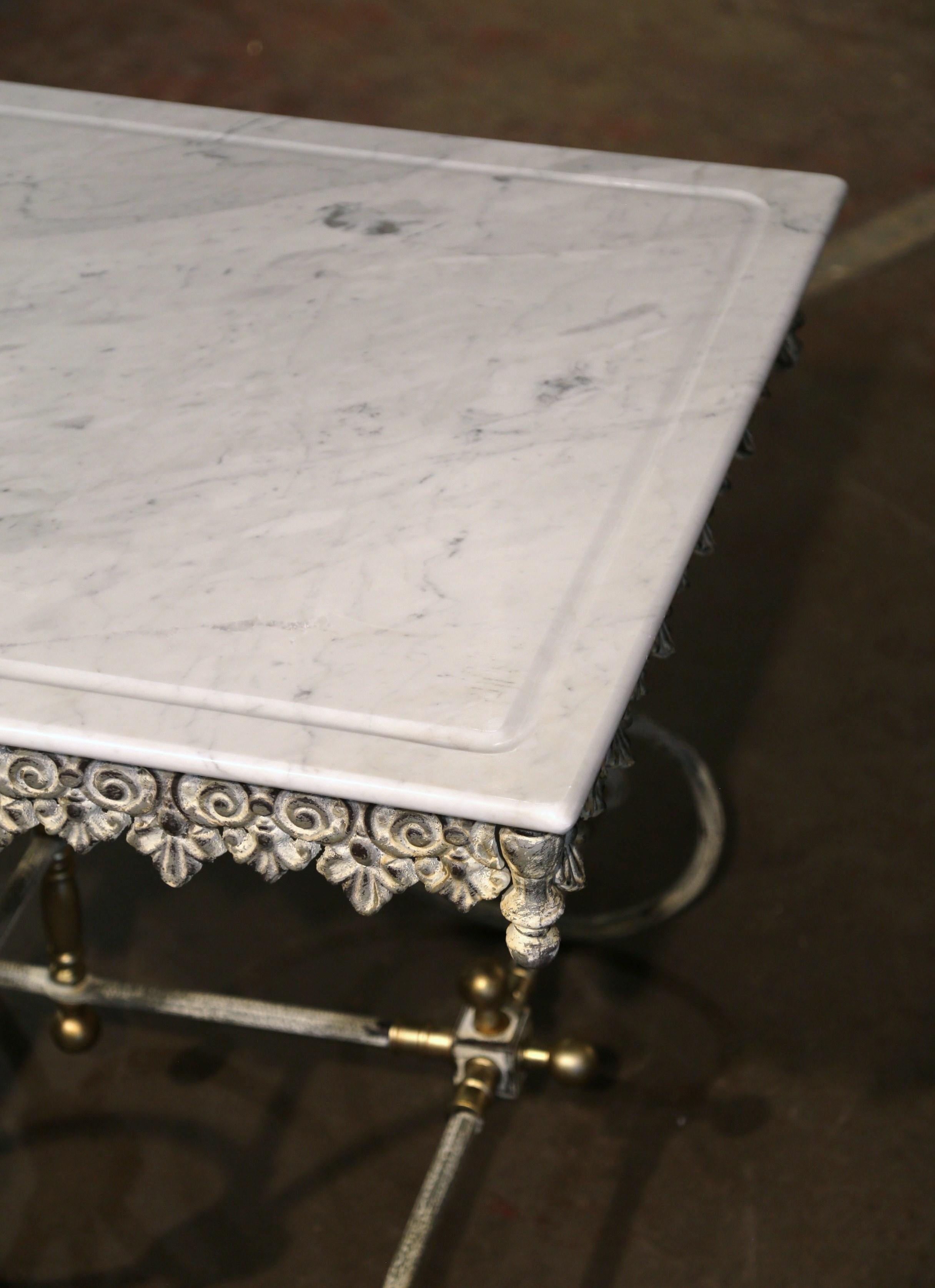 Vintage French Marble Top Painted Iron and Brass Pastry Butcher Table For Sale 2
