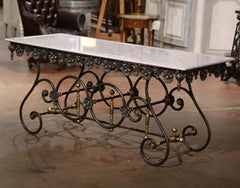Vintage French Marble Top Polished Iron and Brass Mounts Butcher Pastry Table