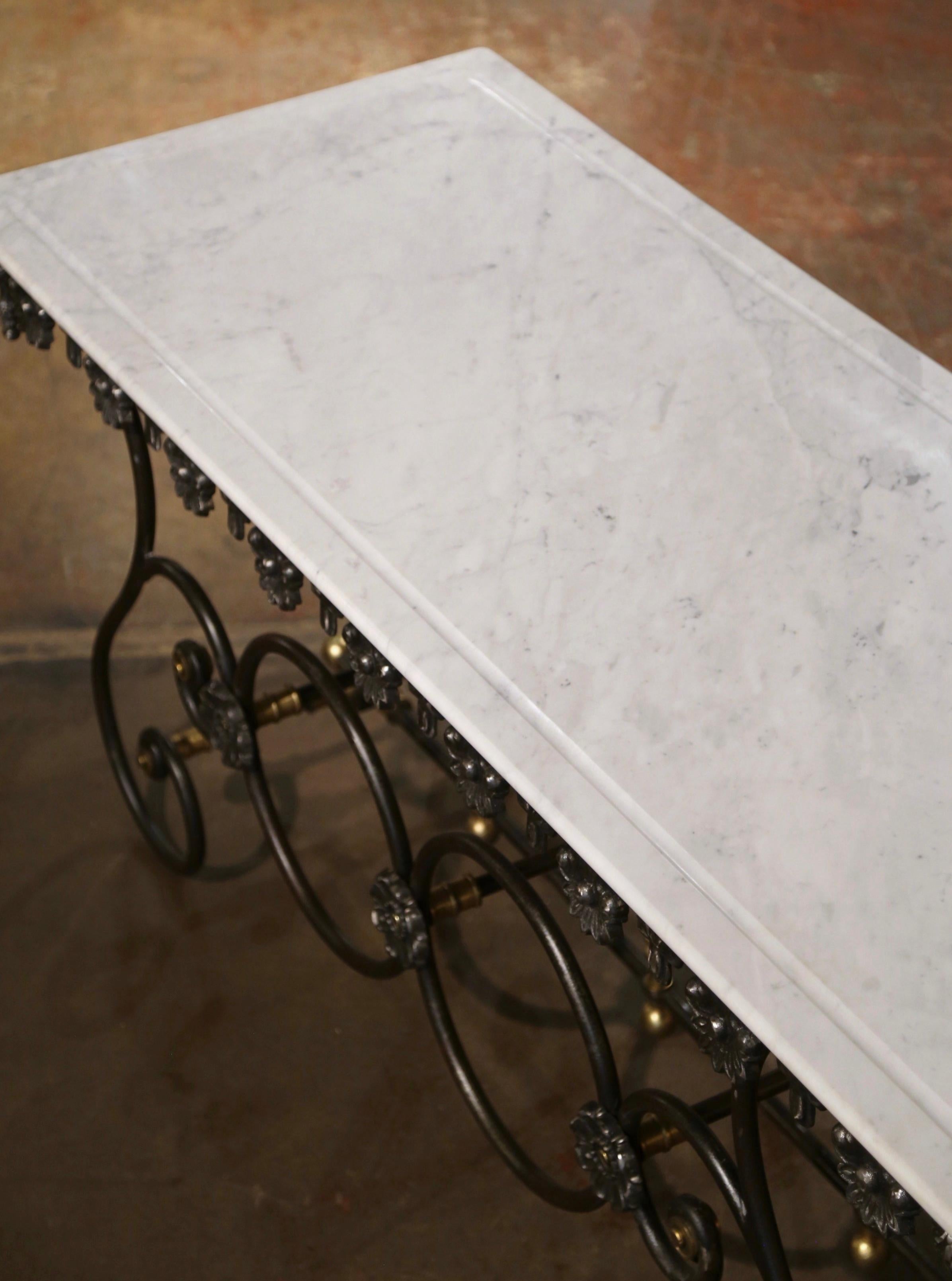 Hand-Crafted Vintage French Marble Top Polished Iron and Brass Mounts Butcher Pastry Table  For Sale