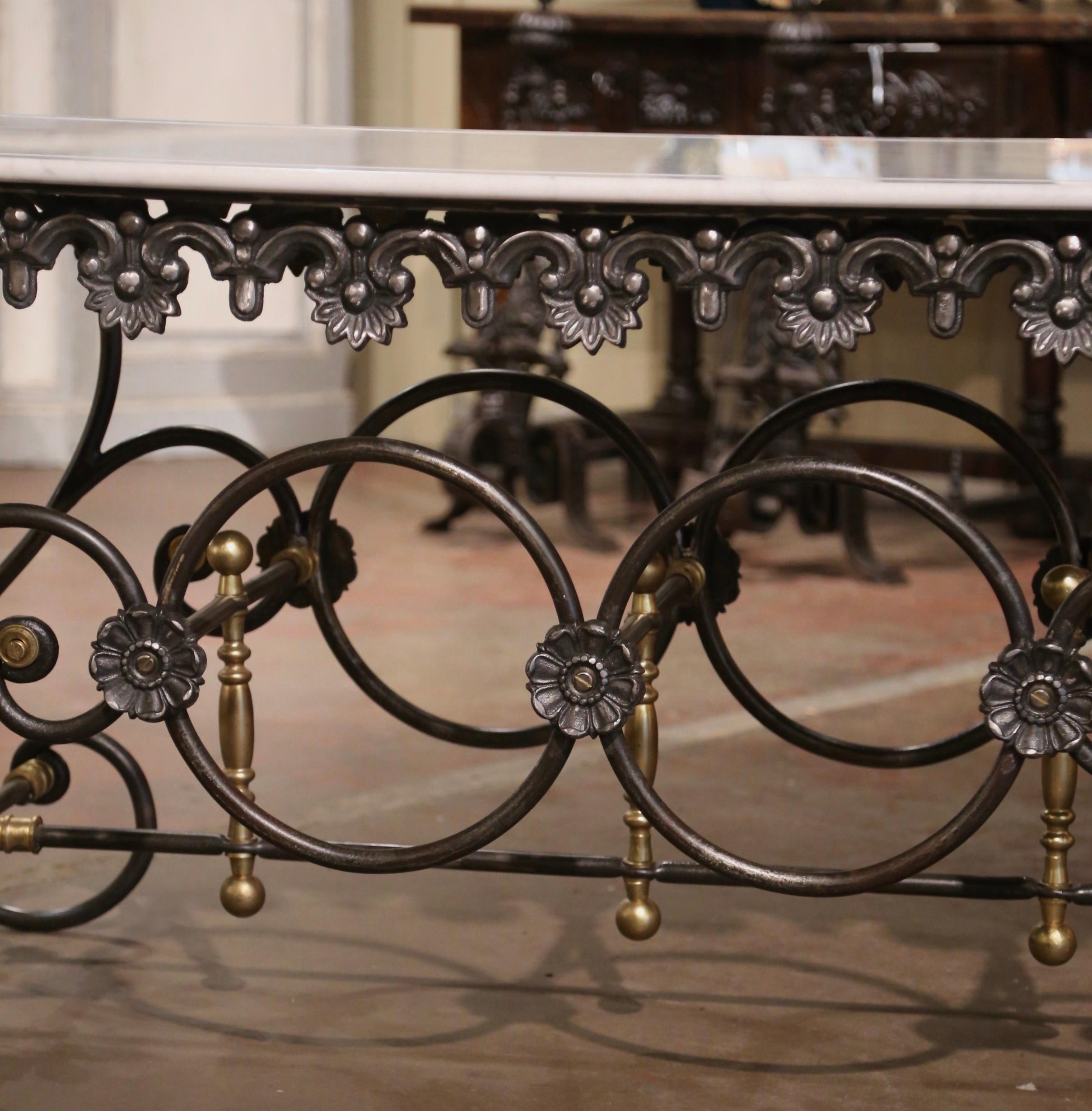 Vintage French Marble Top Polished Iron and Brass Mounts Butcher Pastry Table  In Excellent Condition For Sale In Dallas, TX