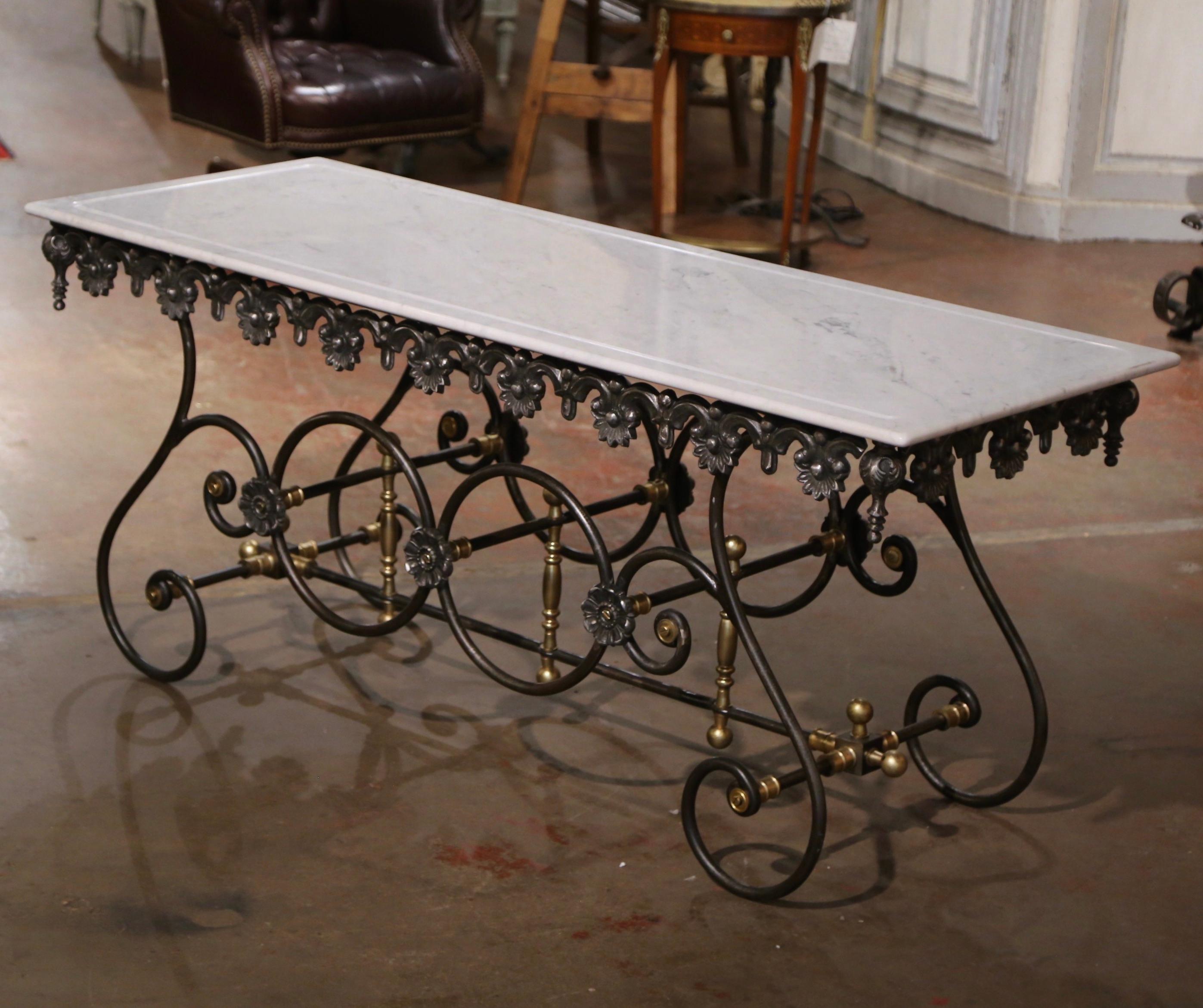 Contemporary Vintage French Marble Top Polished Iron and Brass Mounts Butcher Pastry Table  For Sale