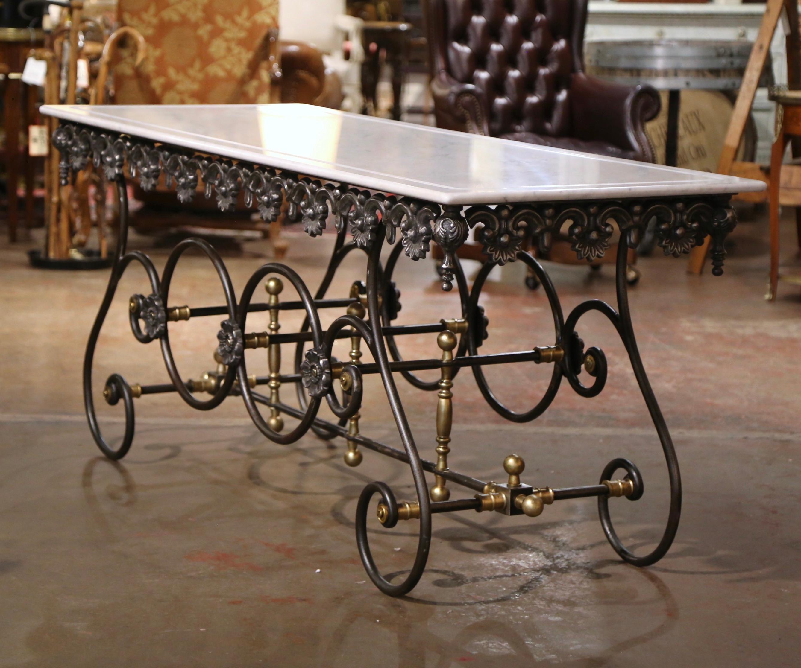 Vintage French Marble Top Polished Iron and Brass Mounts Butcher Pastry Table  For Sale 4