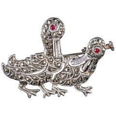Vintage French Marcasite Duck Brooch Silver