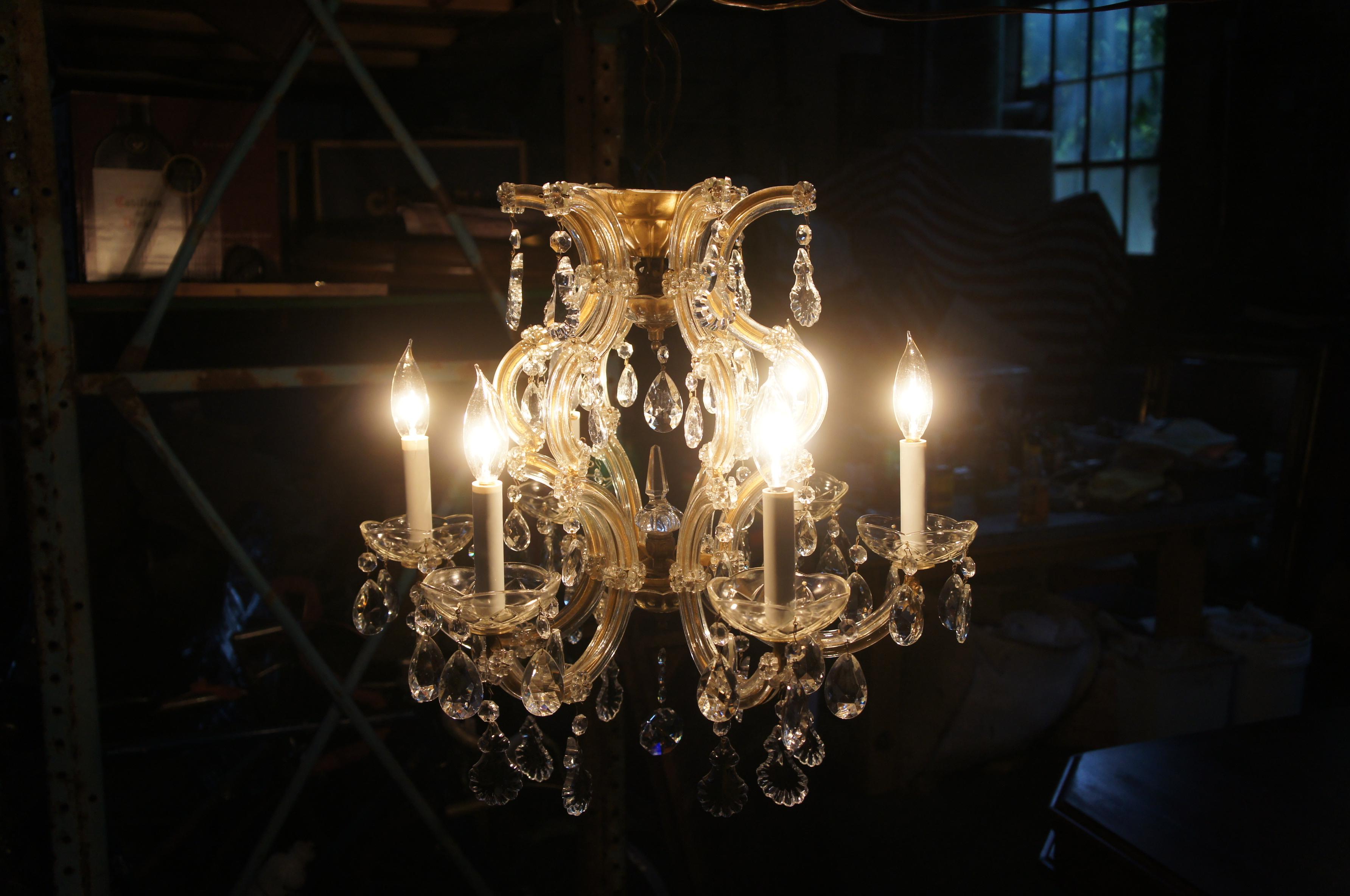Vintage French Marie Therese Glass Clad Drop Crystal Brass 6 Arm Chandelier 20