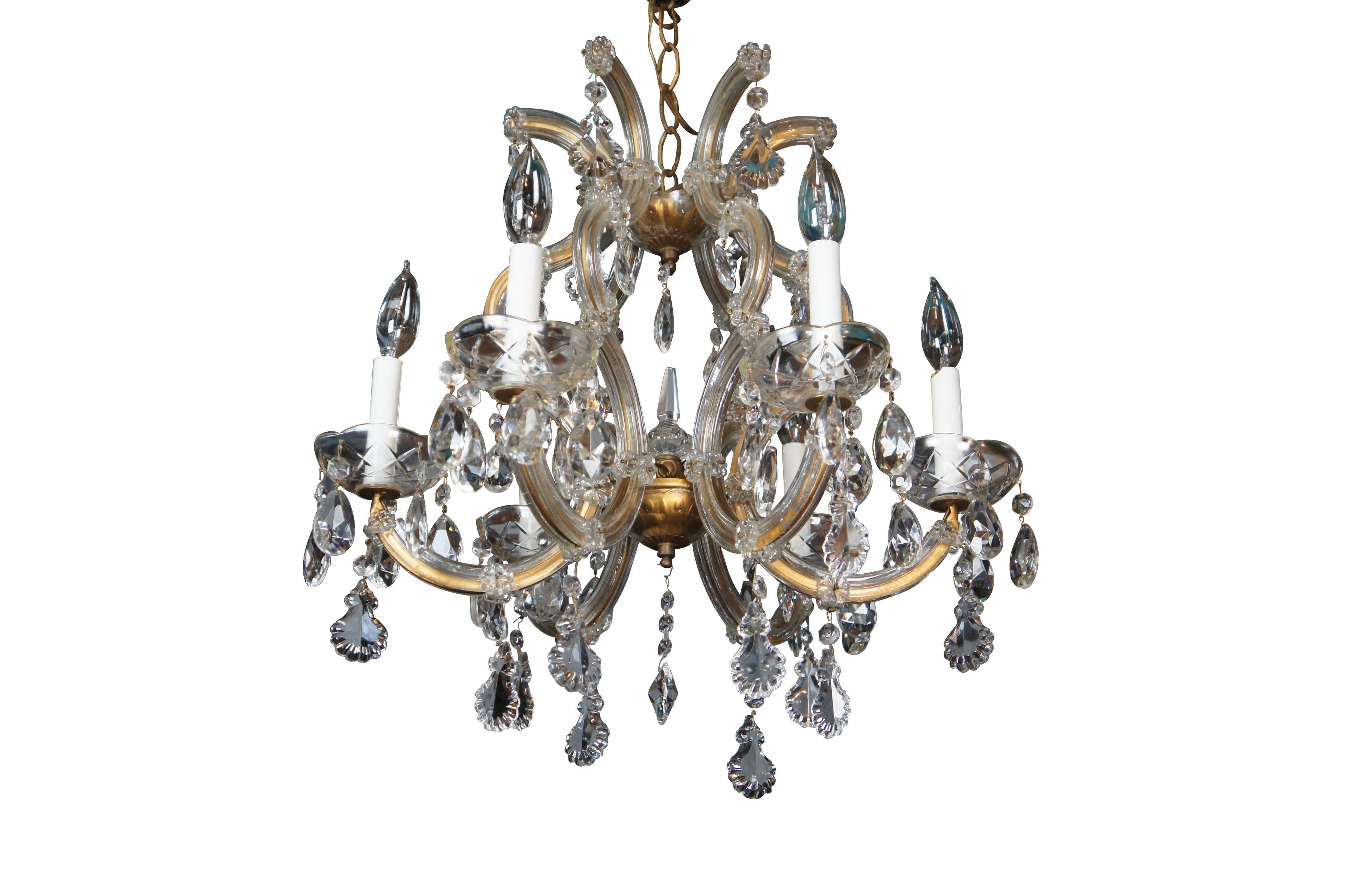 Baroque Vintage French Marie Therese Glass Clad Drop Crystal Brass 6 Arm Chandelier 20