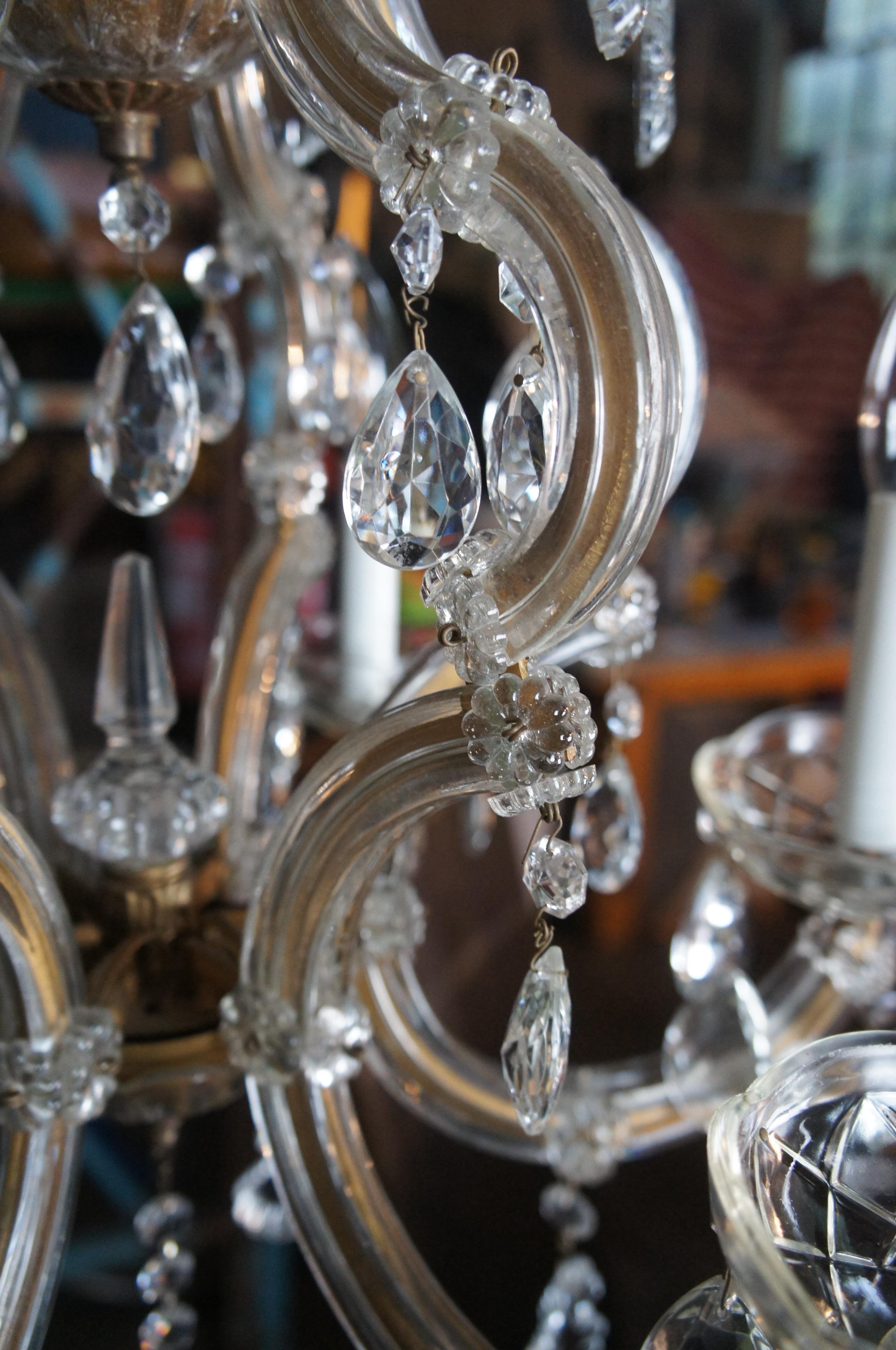 Vintage French Marie Therese Glass Clad Drop Crystal Brass 6 Arm Chandelier 20