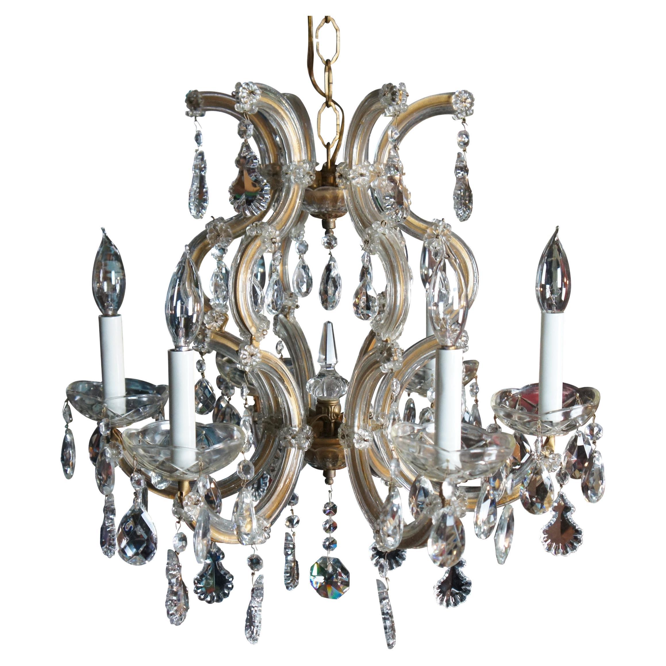 Vintage French Marie Therese Glass Clad Drop Crystal Brass 6 Arm Chandelier 20" For Sale