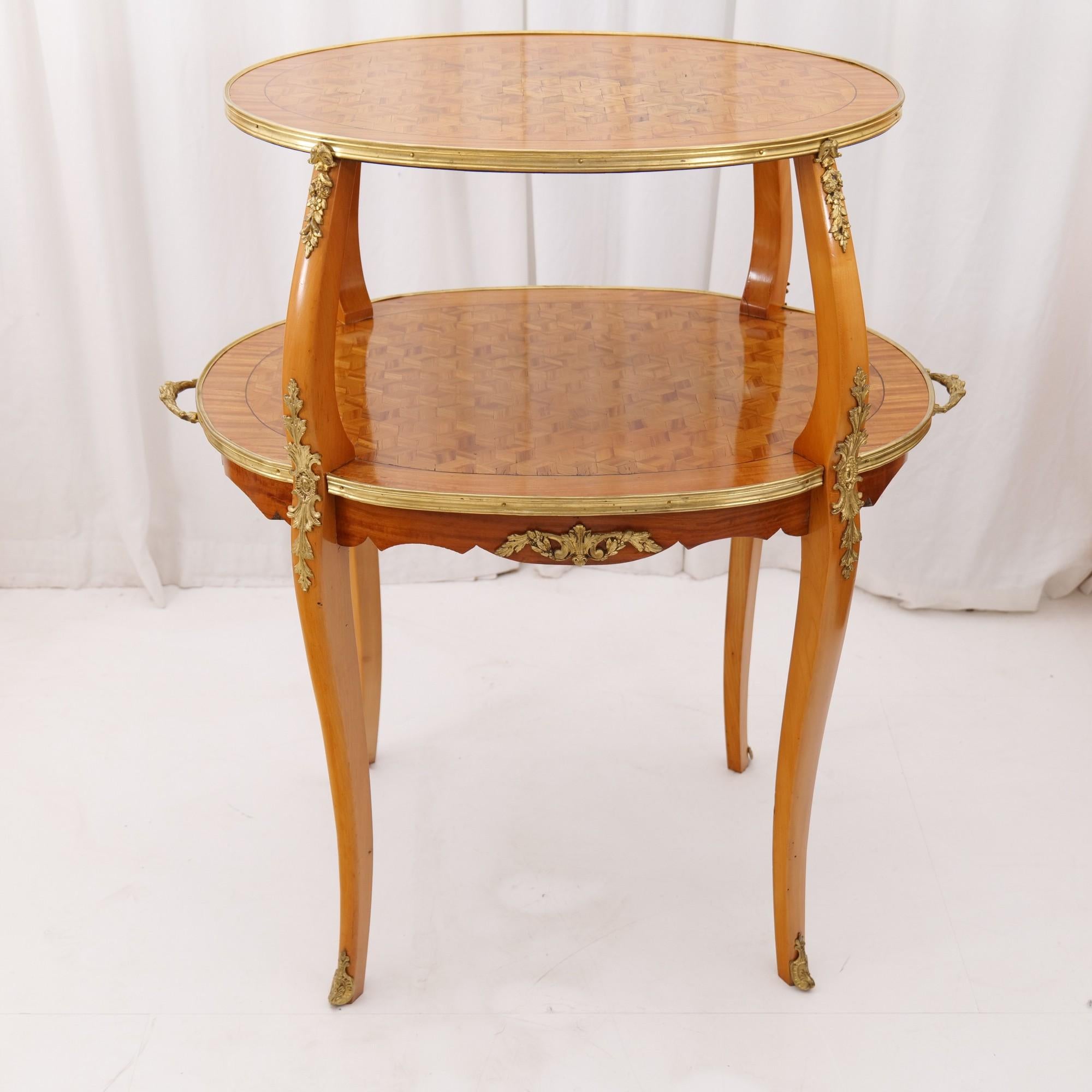 vintage french marquetry etagere tea table in lemon wood  2