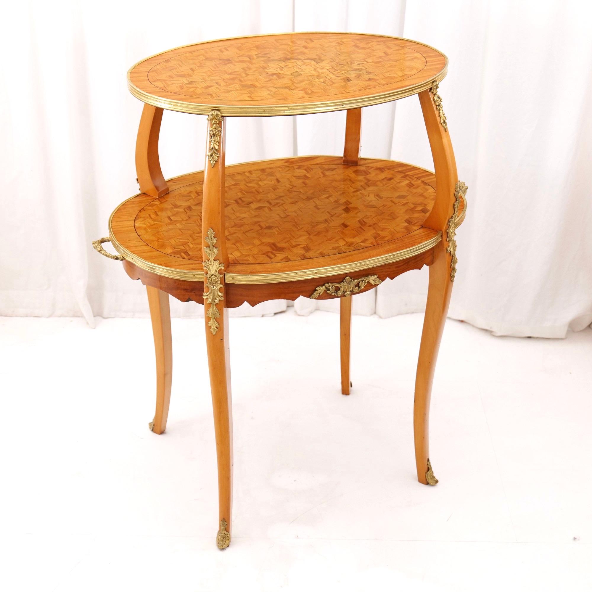 Neoclassical vintage french marquetry etagere tea table in lemon wood 