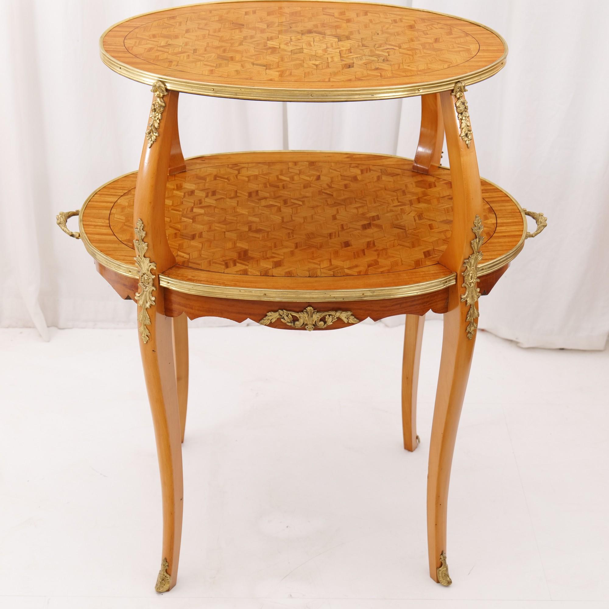 French vintage french marquetry etagere tea table in lemon wood 