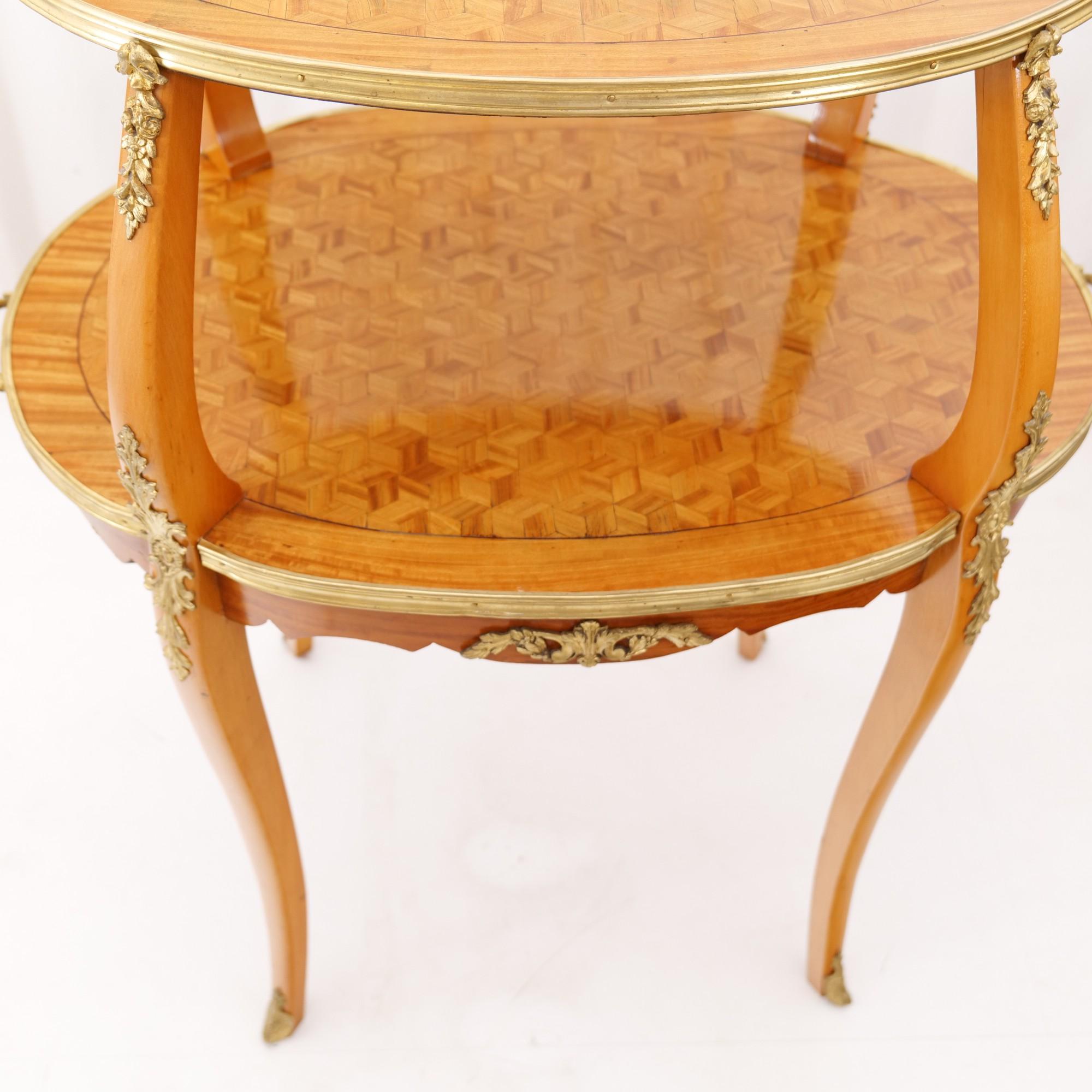 Wood vintage french marquetry etagere tea table in lemon wood 