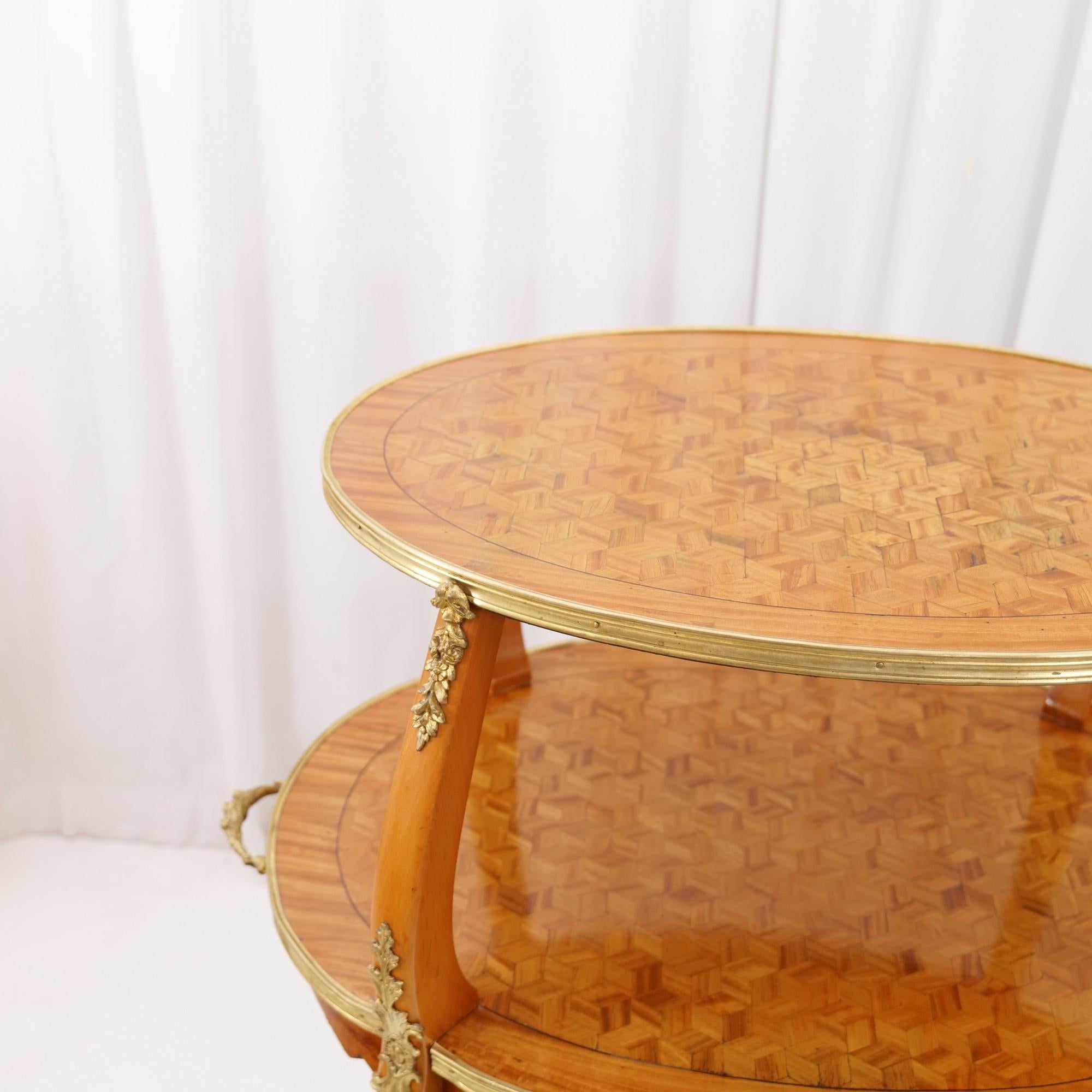 vintage french marquetry etagere tea table in lemon wood  1