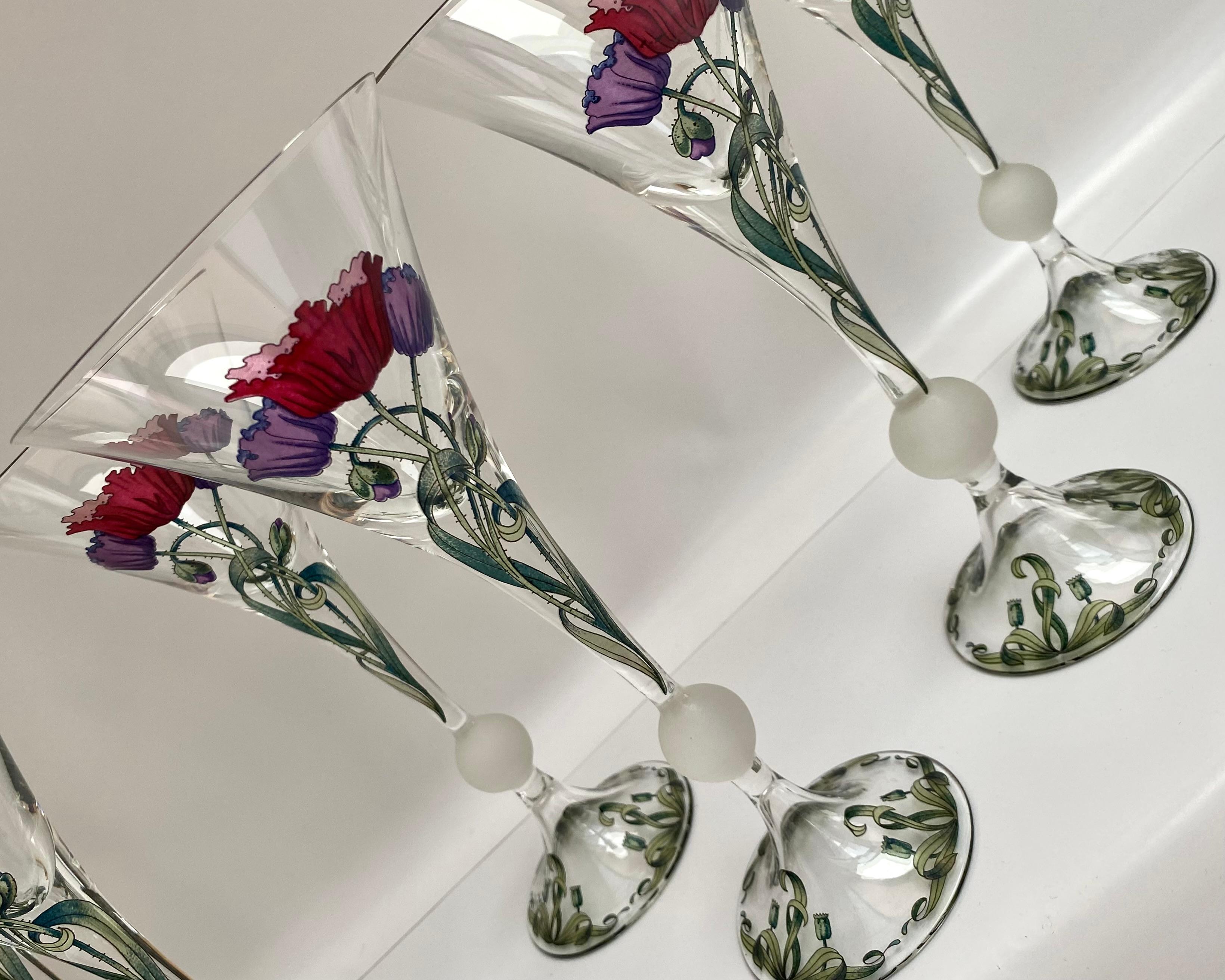 Francese Set di 6 bicchieri da Martini francesi vintage con disegno di bouquet di papaveri, anni '70 in vendita