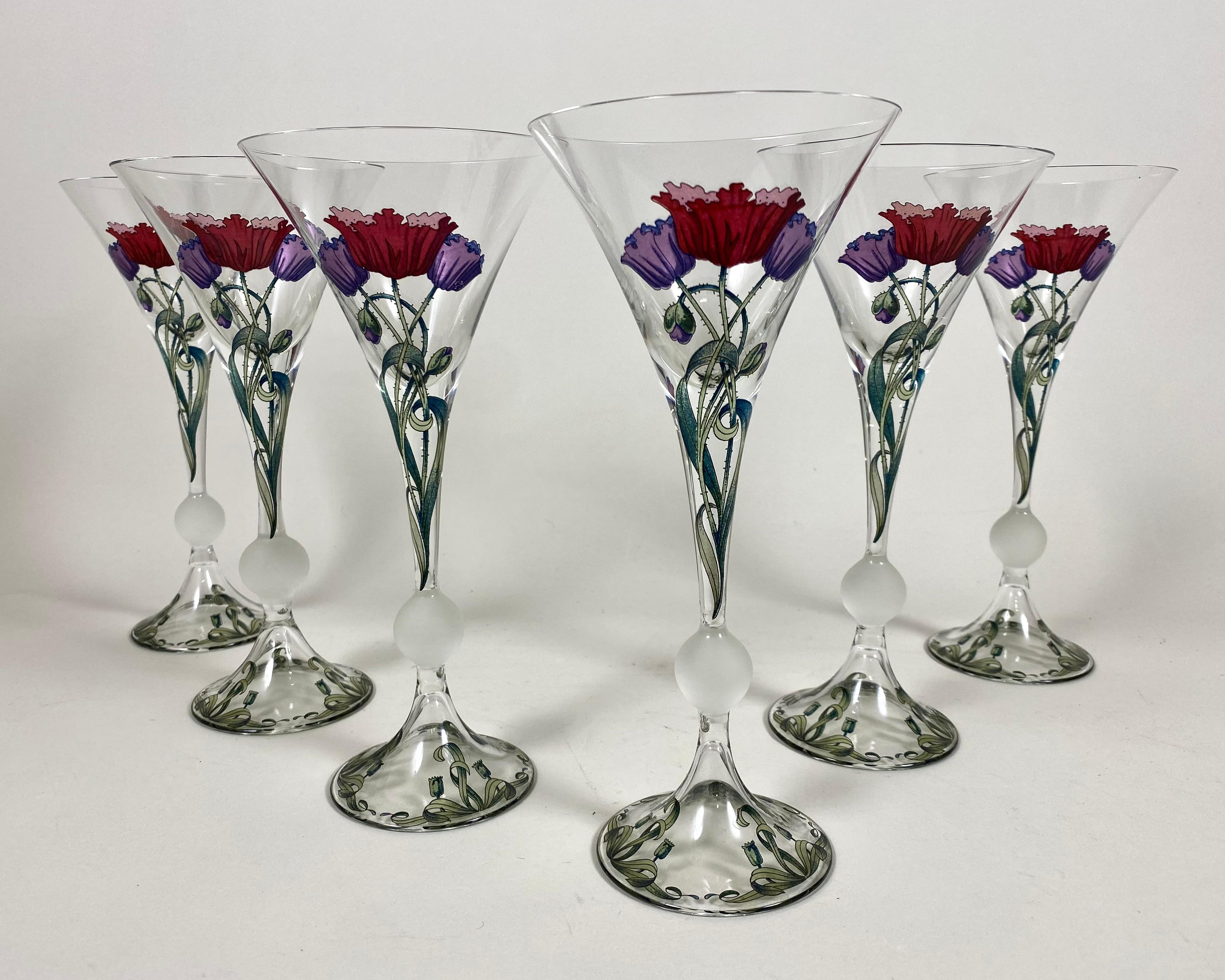 Set di 6 bicchieri da Martini francesi vintage con disegno di bouquet di papaveri, anni '70 In condizioni ottime in vendita a Bastogne, BE