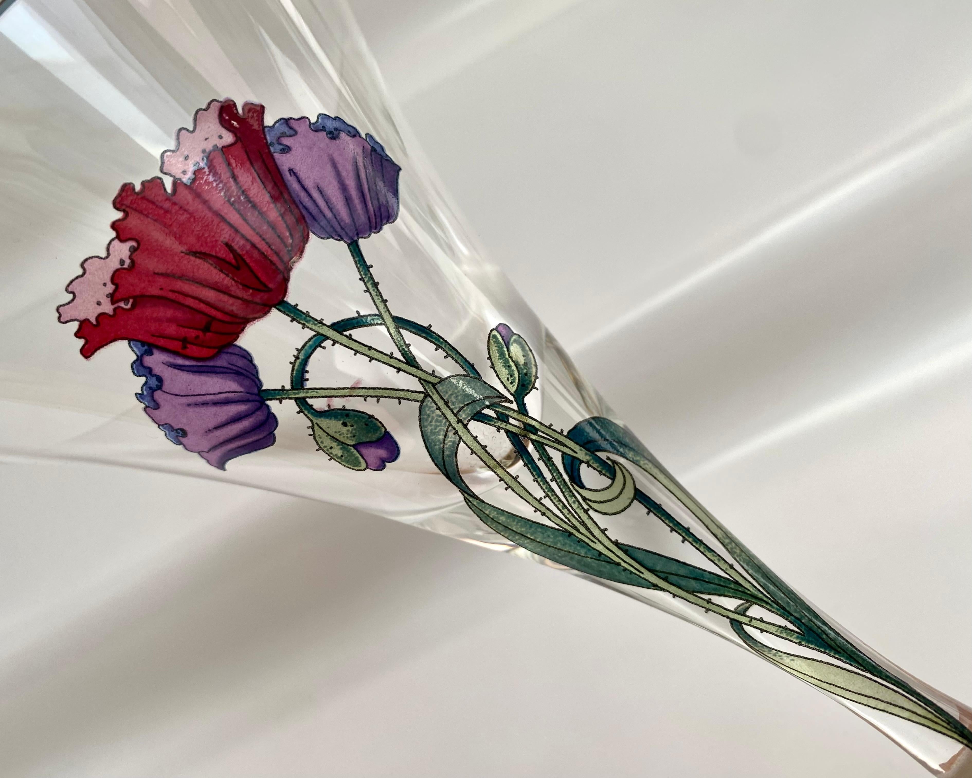 Cristallo Set di 6 bicchieri da Martini francesi vintage con disegno di bouquet di papaveri, anni '70 in vendita