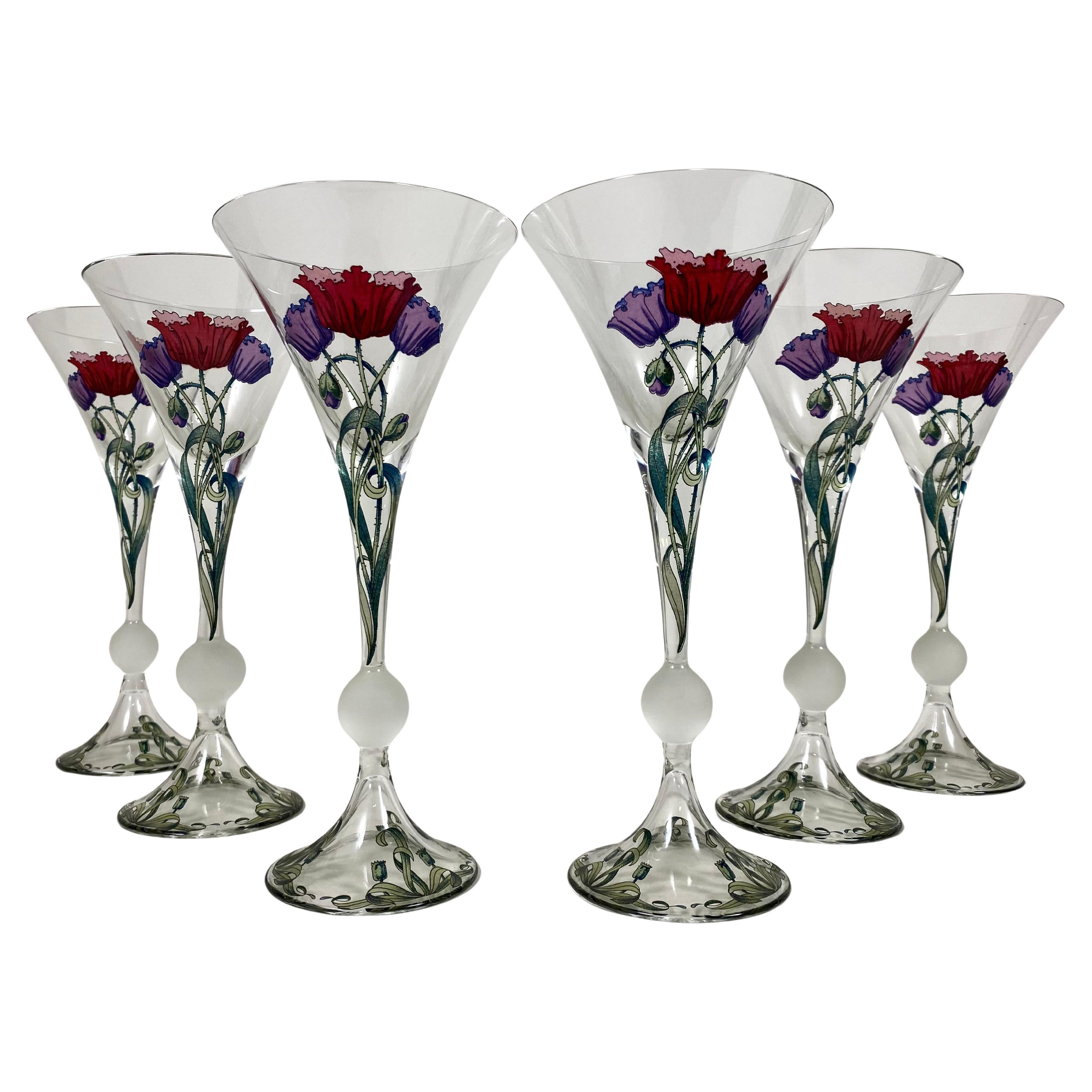 Juego de 6 copas de Martini francesas vintage con diseño de ramillete de amapolas, años 70