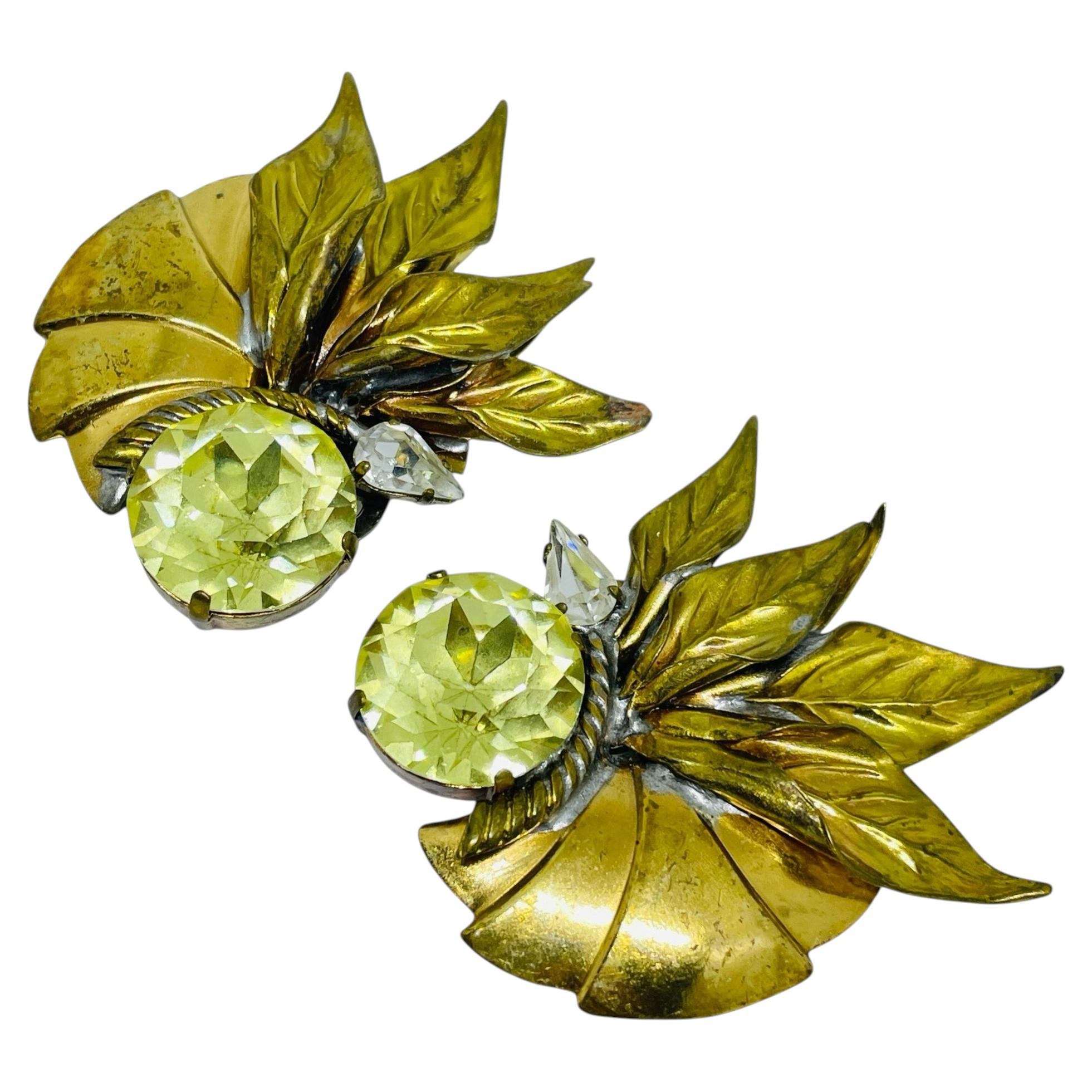 Vintage Französisch massiv Goldton Glassteine Designer Clip auf Ohrringe