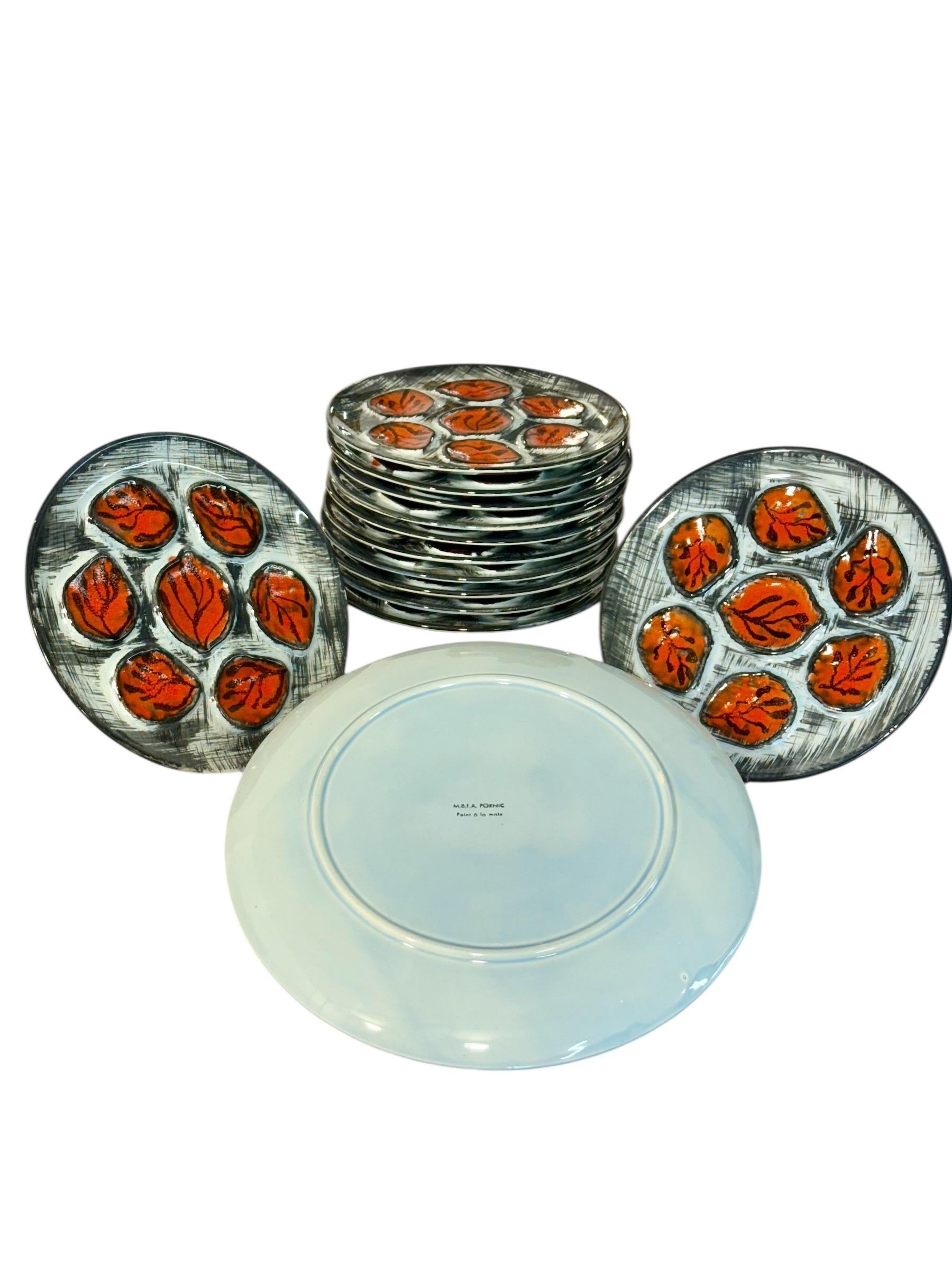 Hand-Crafted Vintage French M.B.F.A. Pornic Oyster Service, 12 Plates & Platter For Sale