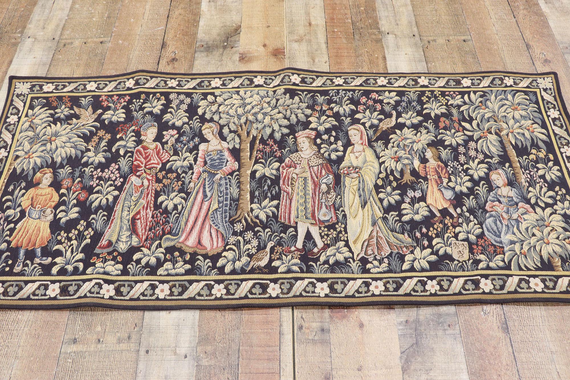 20ième siècle Tapisserie médiévale française vintage, la tapisserie de Promenade en vente