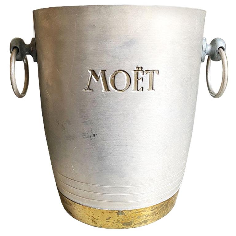 Vintage French Metal and Brass Etched Moët Champagne Ice Bucket with Handles