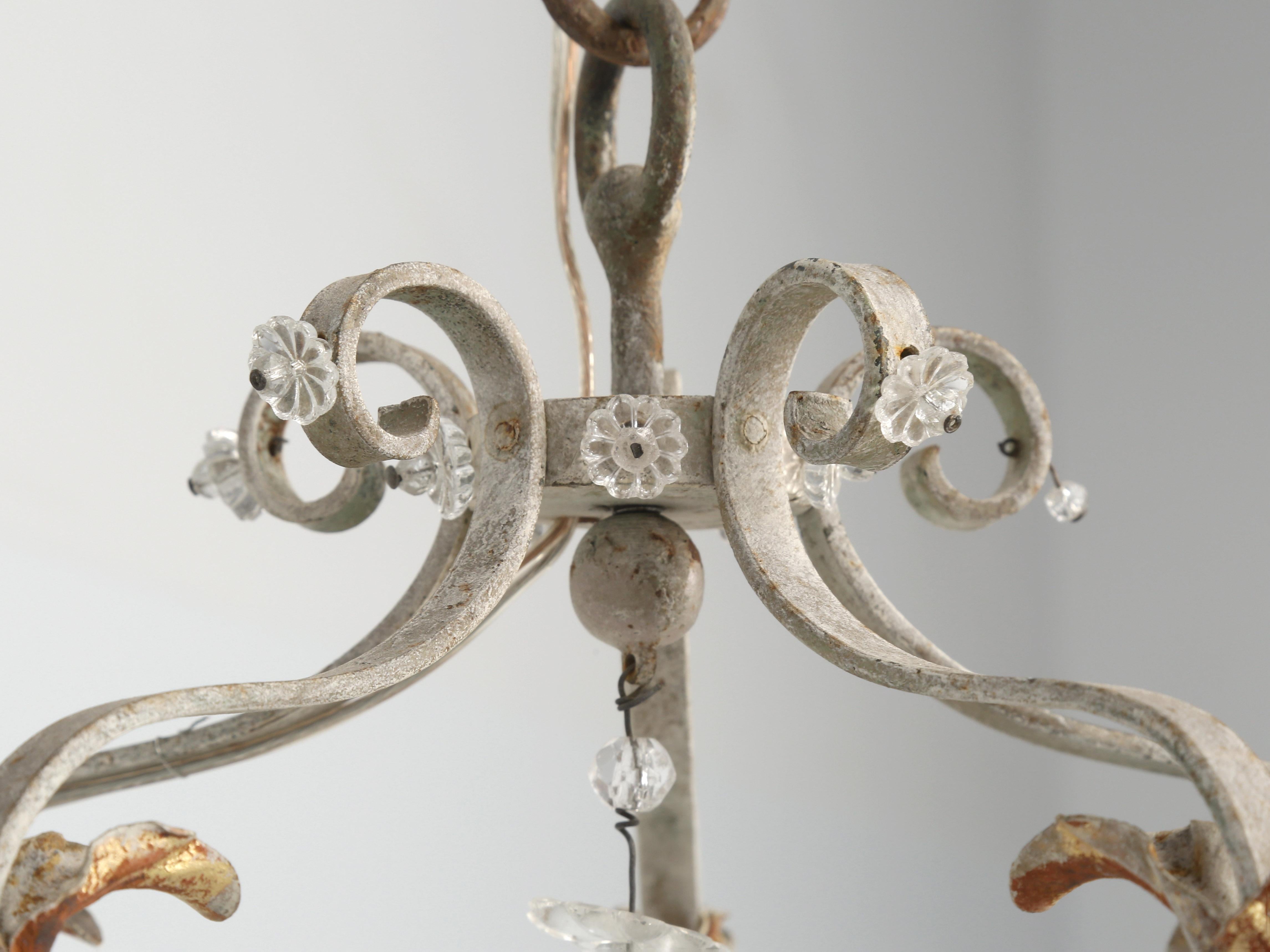 Hand-Crafted Vintage French Metal and Crystal 5-Light Chandelier with Very Nice Patina For Sale