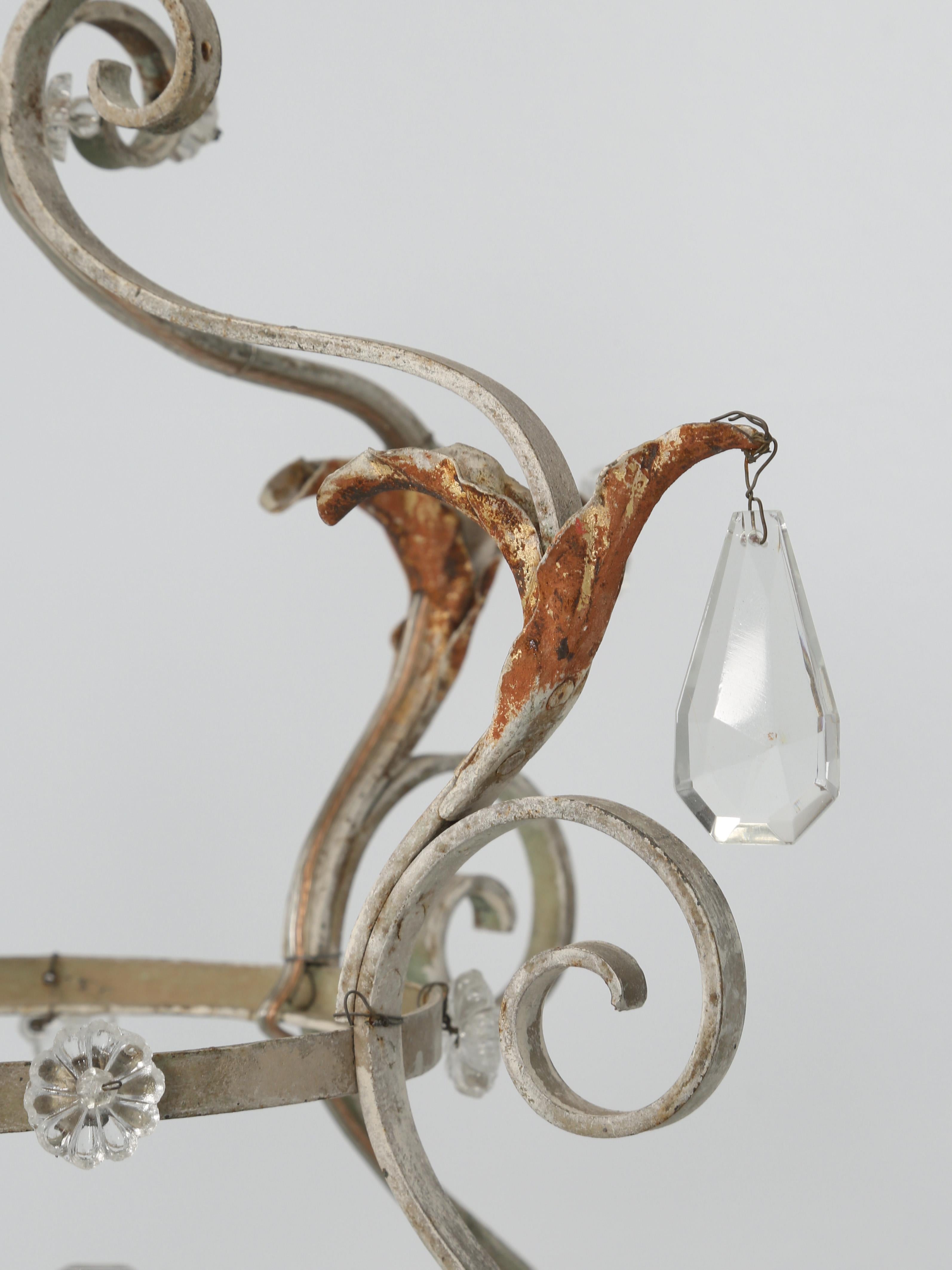 Vintage French Metal and Crystal 5-Light Chandelier with Very Nice Patina In Good Condition For Sale In Chicago, IL