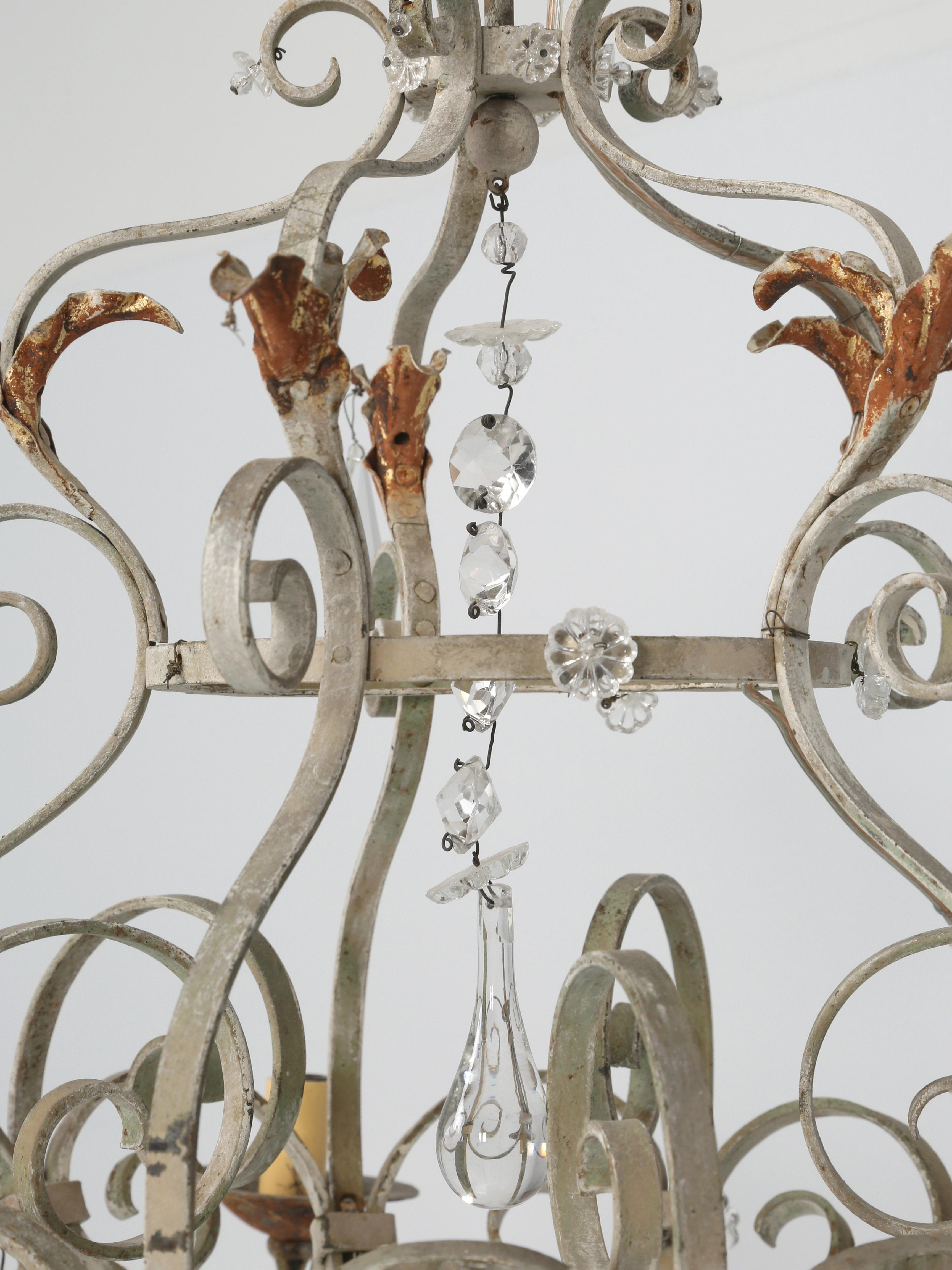 Vintage French Metal and Crystal 5-Light Chandelier with Very Nice Patina For Sale 2