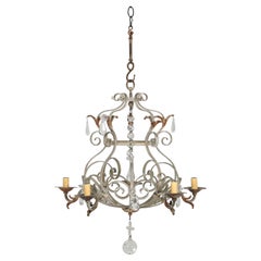 Lampadario francese d'epoca a 5 luci in metallo e cristallo con patina molto buona