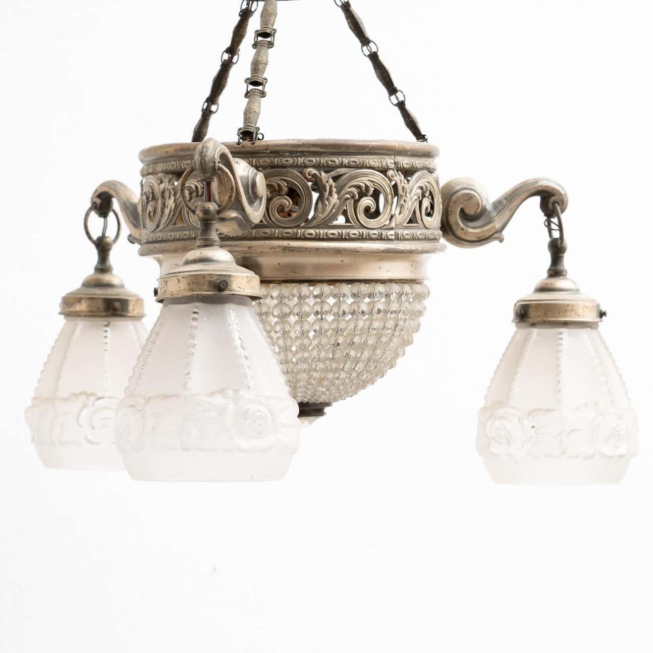 Vintage French Metal and Glass Art Deco Ceiling Lamp, circa 1930 For Sale 6
