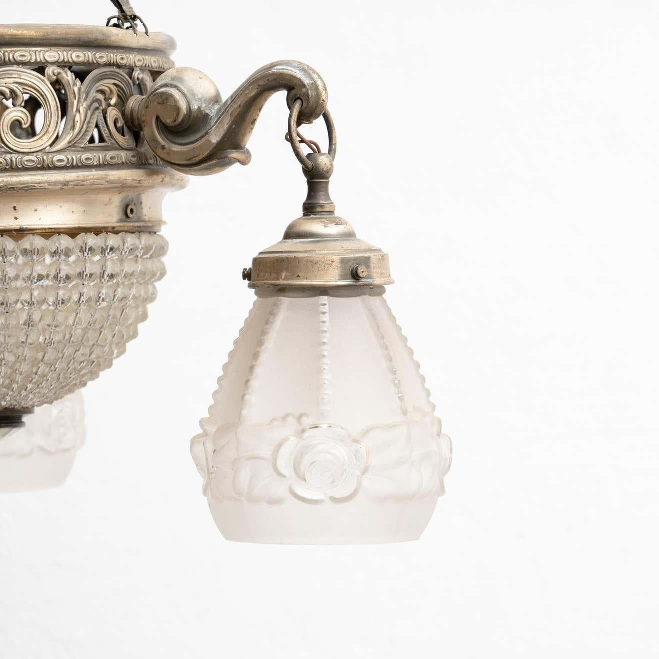 Vintage French Metal and Glass Art Deco Ceiling Lamp, circa 1930 For Sale 7