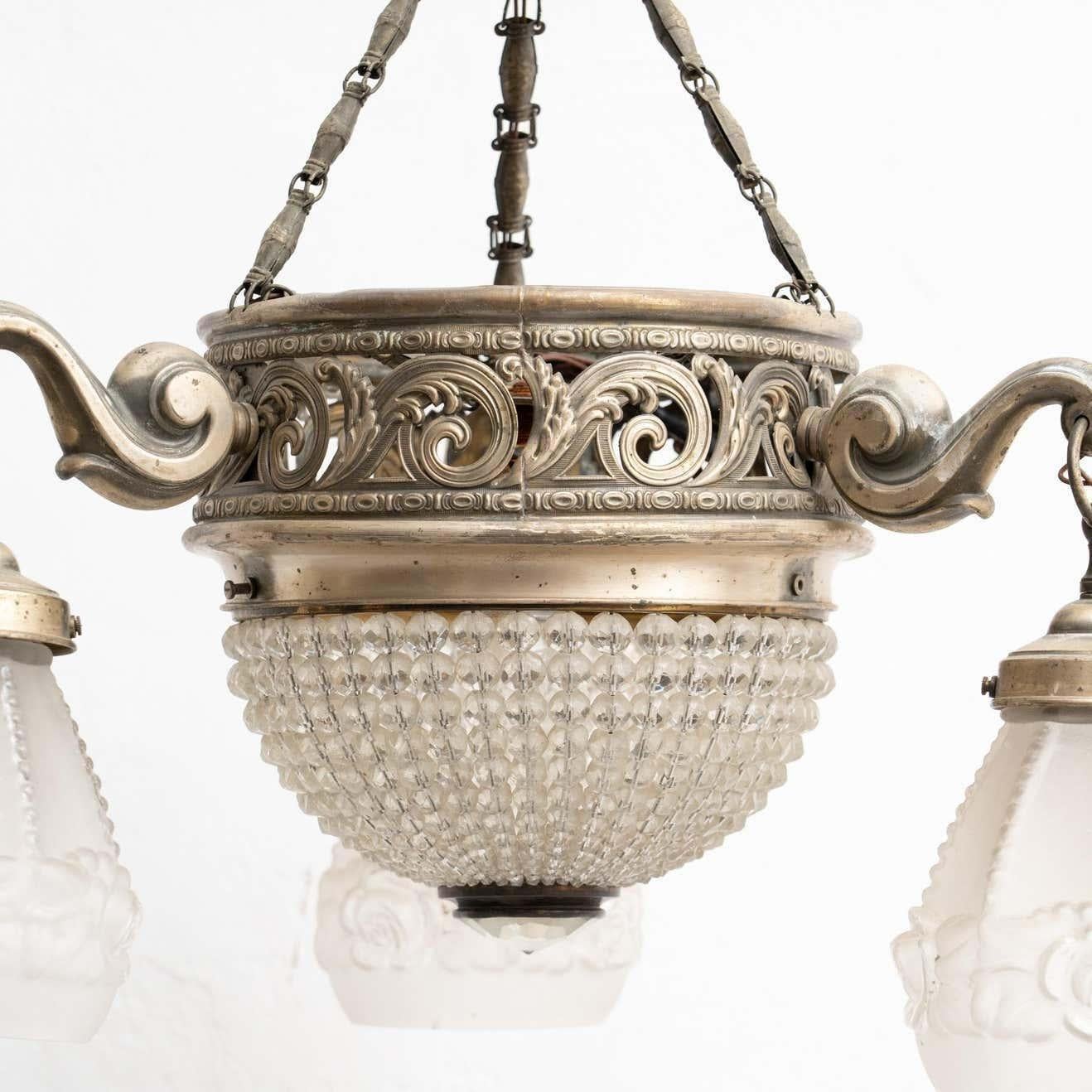 Vintage French Metal and Glass Art Deco Ceiling Lamp, circa 1930 For Sale 9