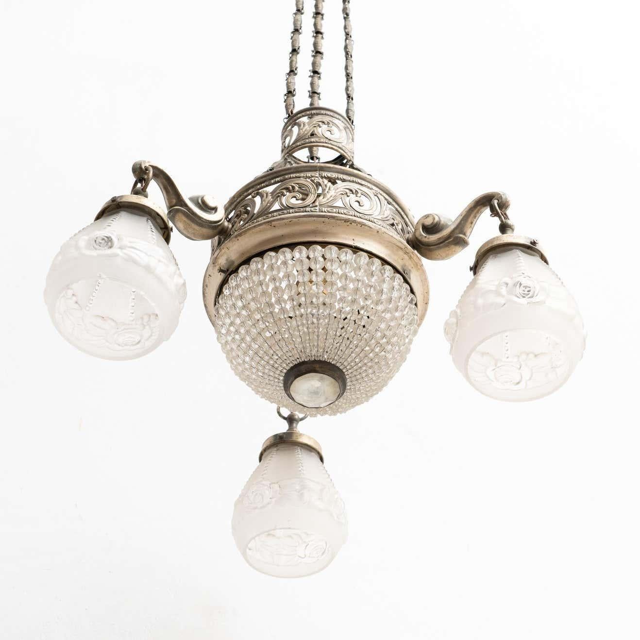 Vintage French Metal and Glass Art Deco Ceiling Lamp, circa 1930 For Sale 12