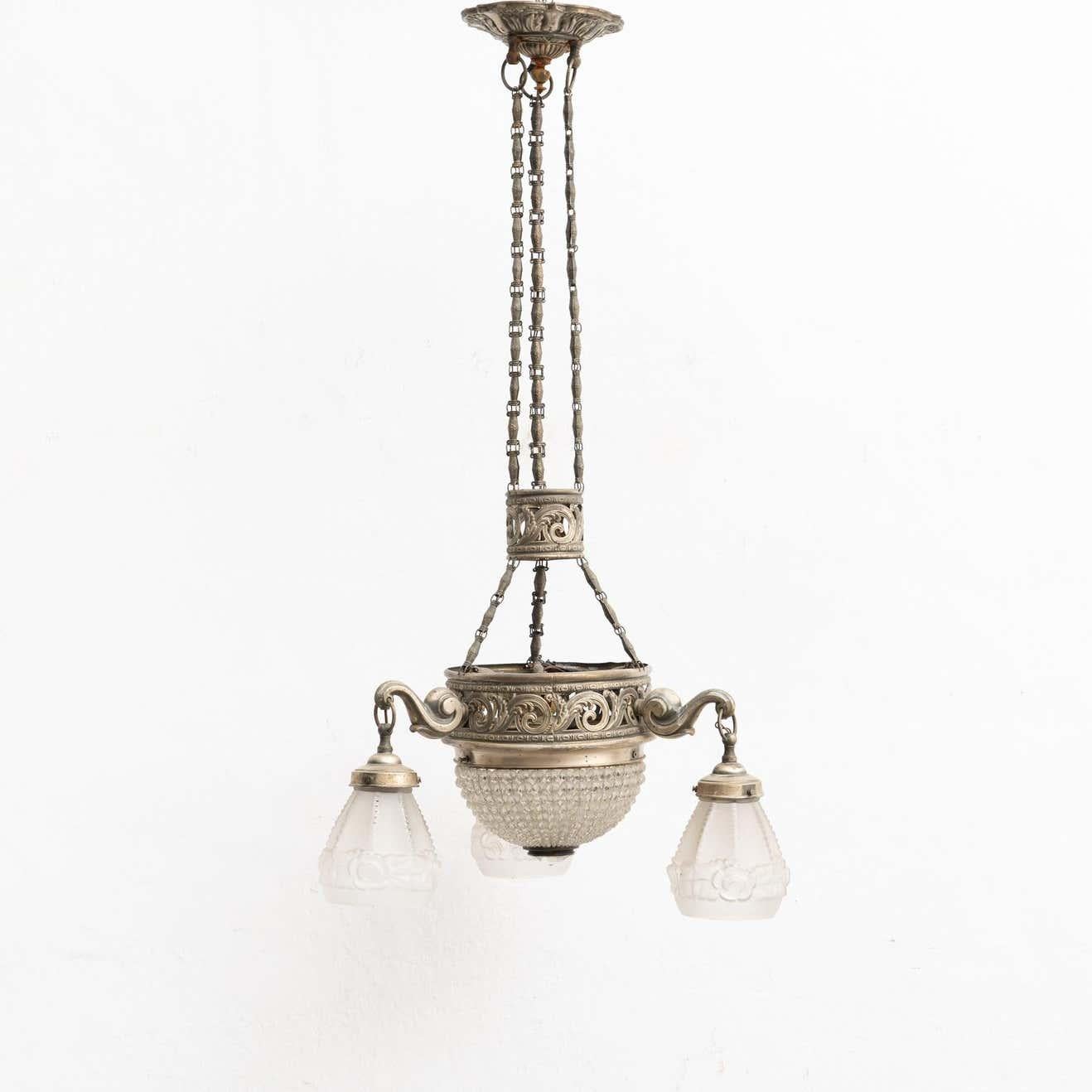 Vintage French Metal and Glass Art Deco Ceiling Lamp, circa 1930 For Sale 3