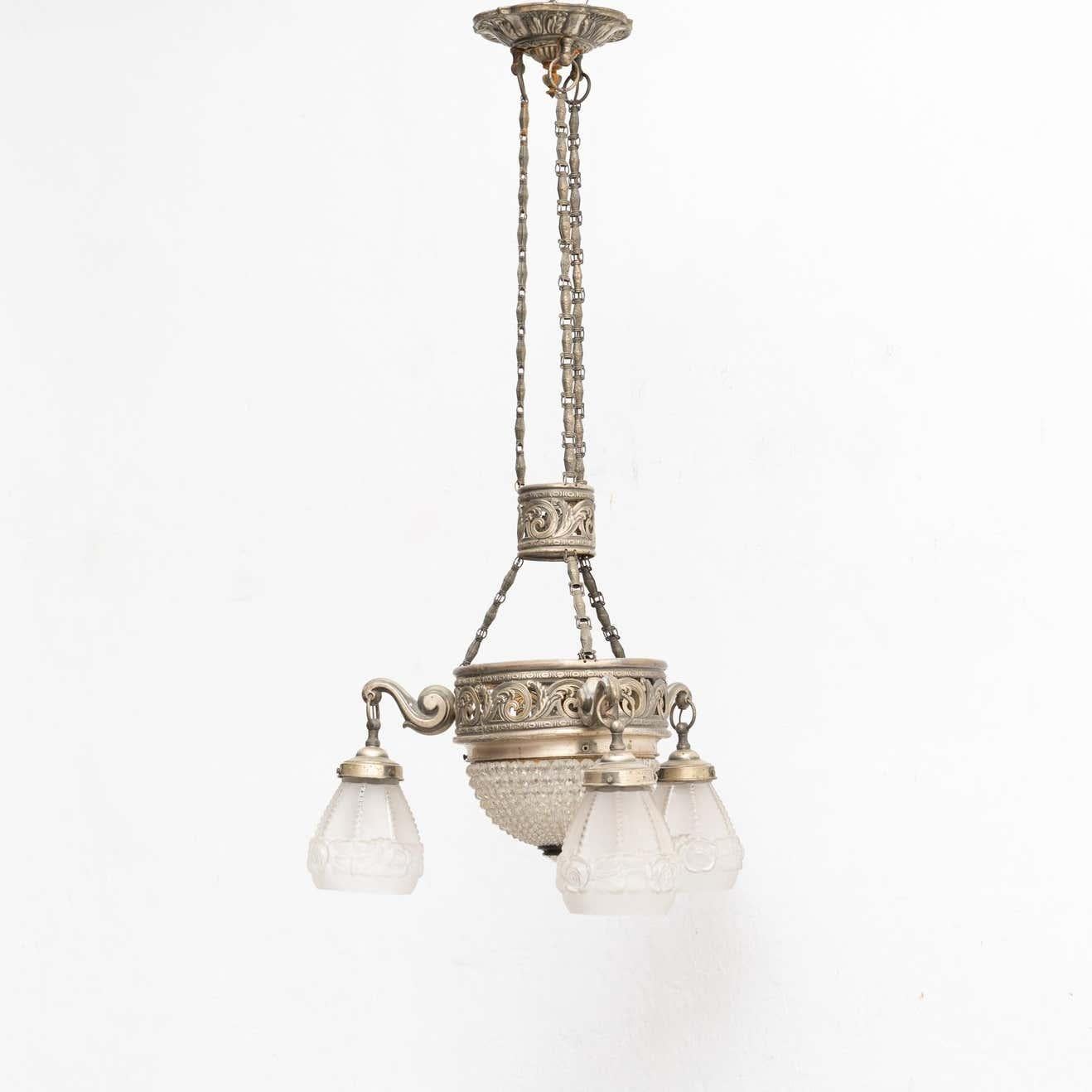 Vintage French Metal and Glass Art Deco Ceiling Lamp, circa 1930 For Sale 4