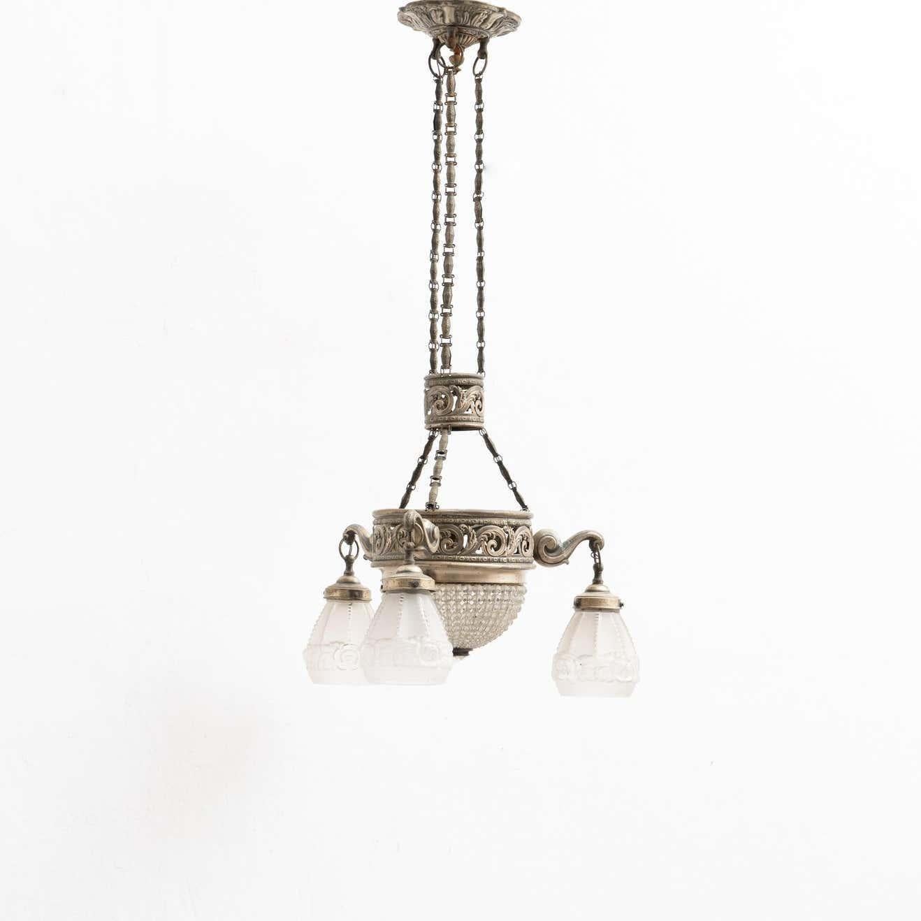 Vintage French Metal and Glass Art Deco Ceiling Lamp, circa 1930 For Sale 5
