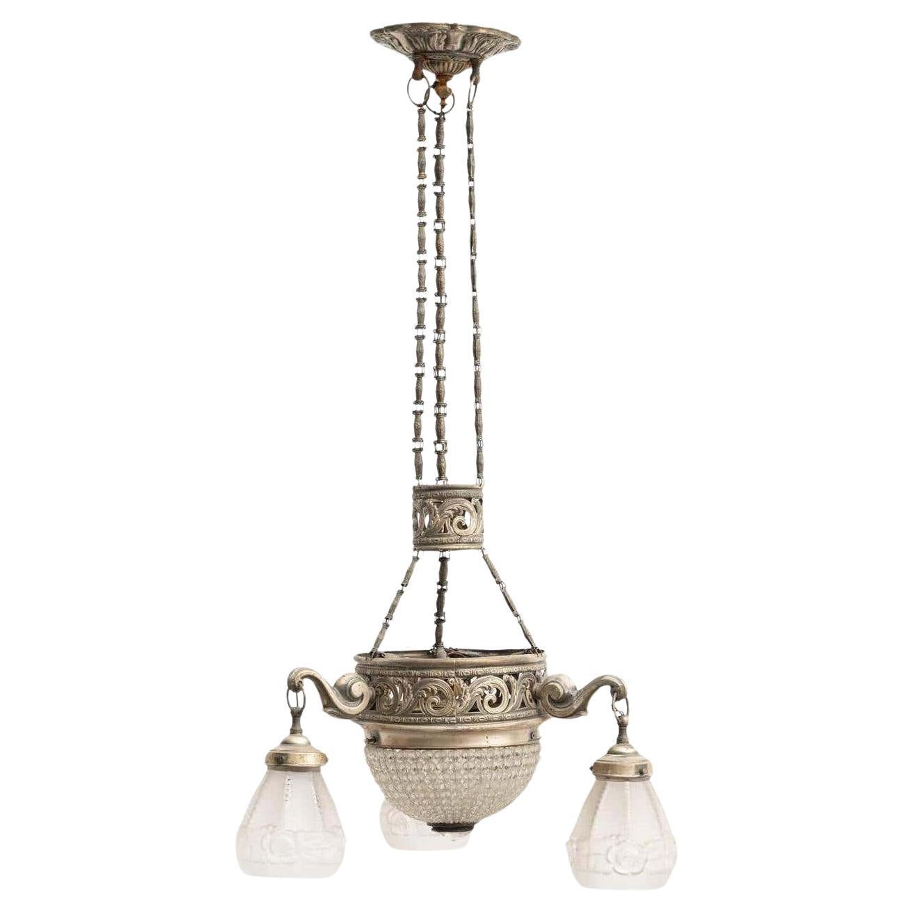 Vintage French Metal and Glass Art Deco Ceiling Lamp, circa 1930