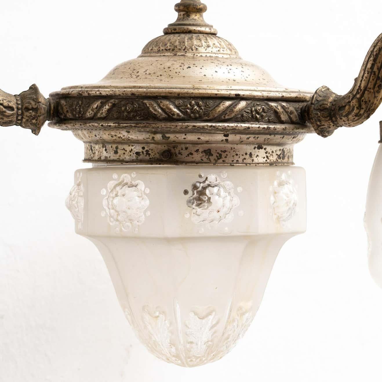 Vintage French Metal and Glass Ceiling Lamp, circa, 1930 For Sale 5