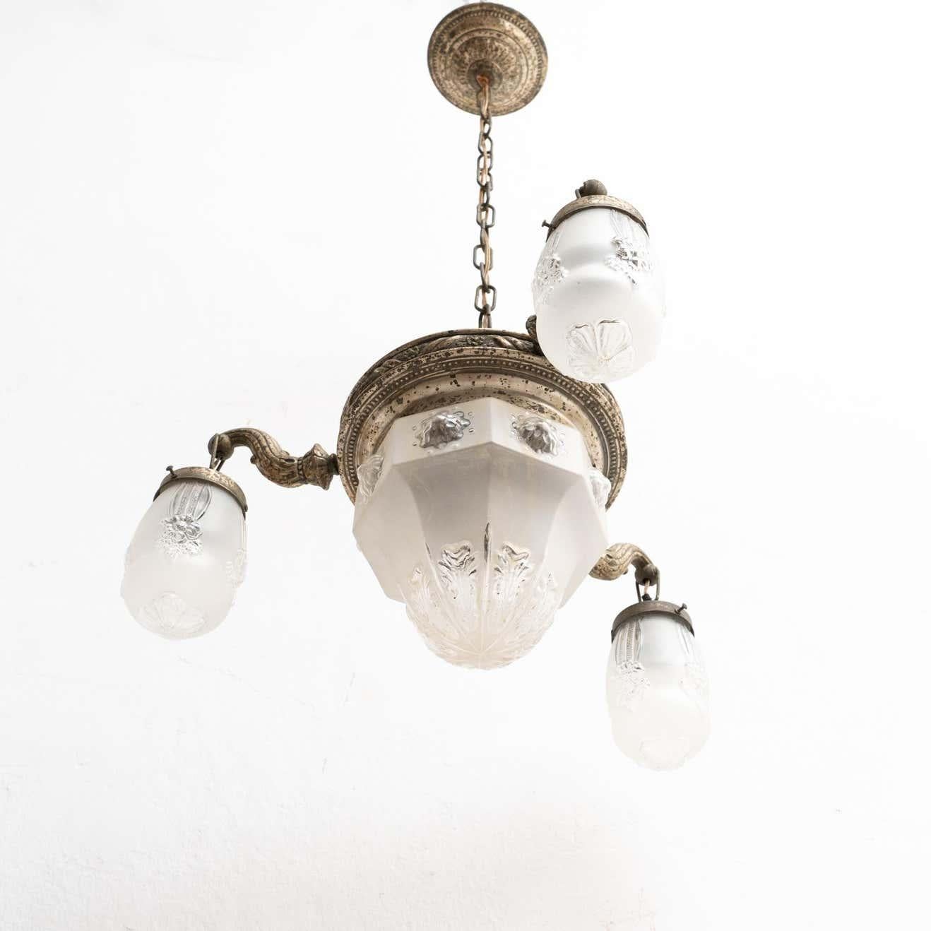 Vintage French Metal and Glass Ceiling Lamp, circa, 1930 For Sale 8