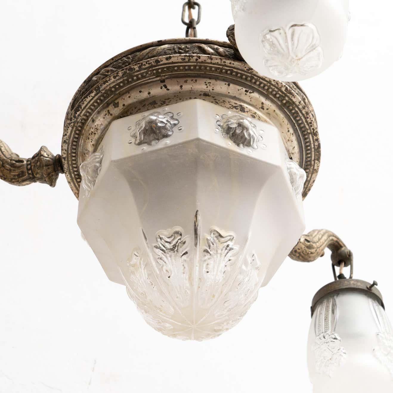Vintage French Metal and Glass Ceiling Lamp, circa, 1930 For Sale 9