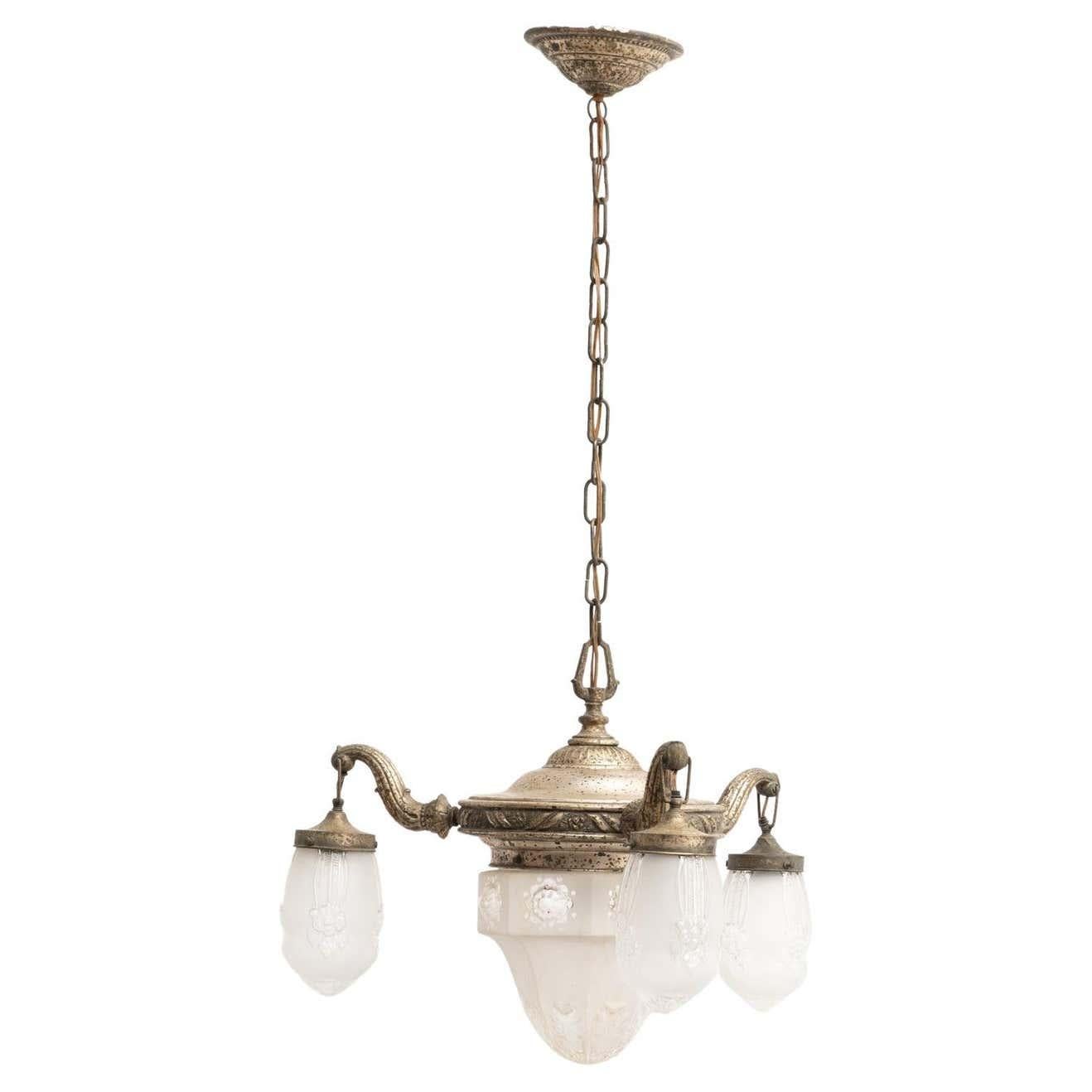 Vintage French Metal and Glass Ceiling Lamp, circa, 1930 For Sale 10
