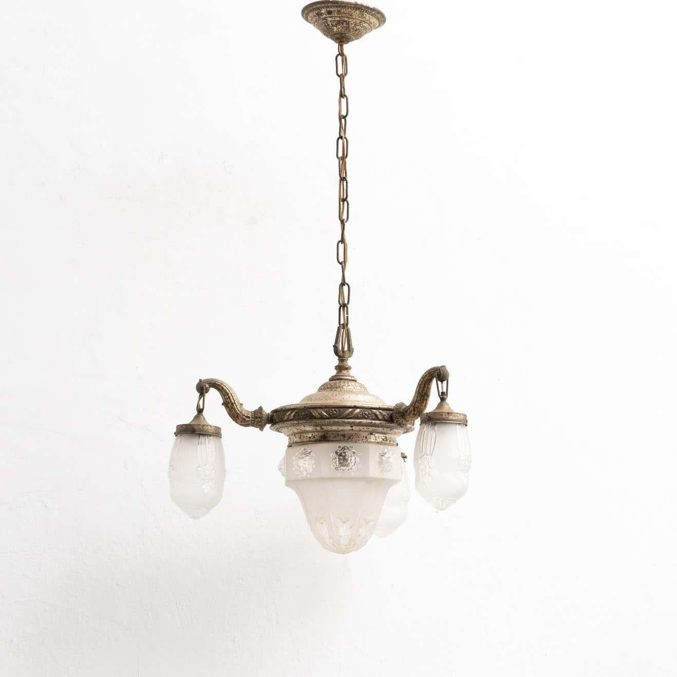 Art Deco Vintage French Metal and Glass Ceiling Lamp, circa, 1930 For Sale