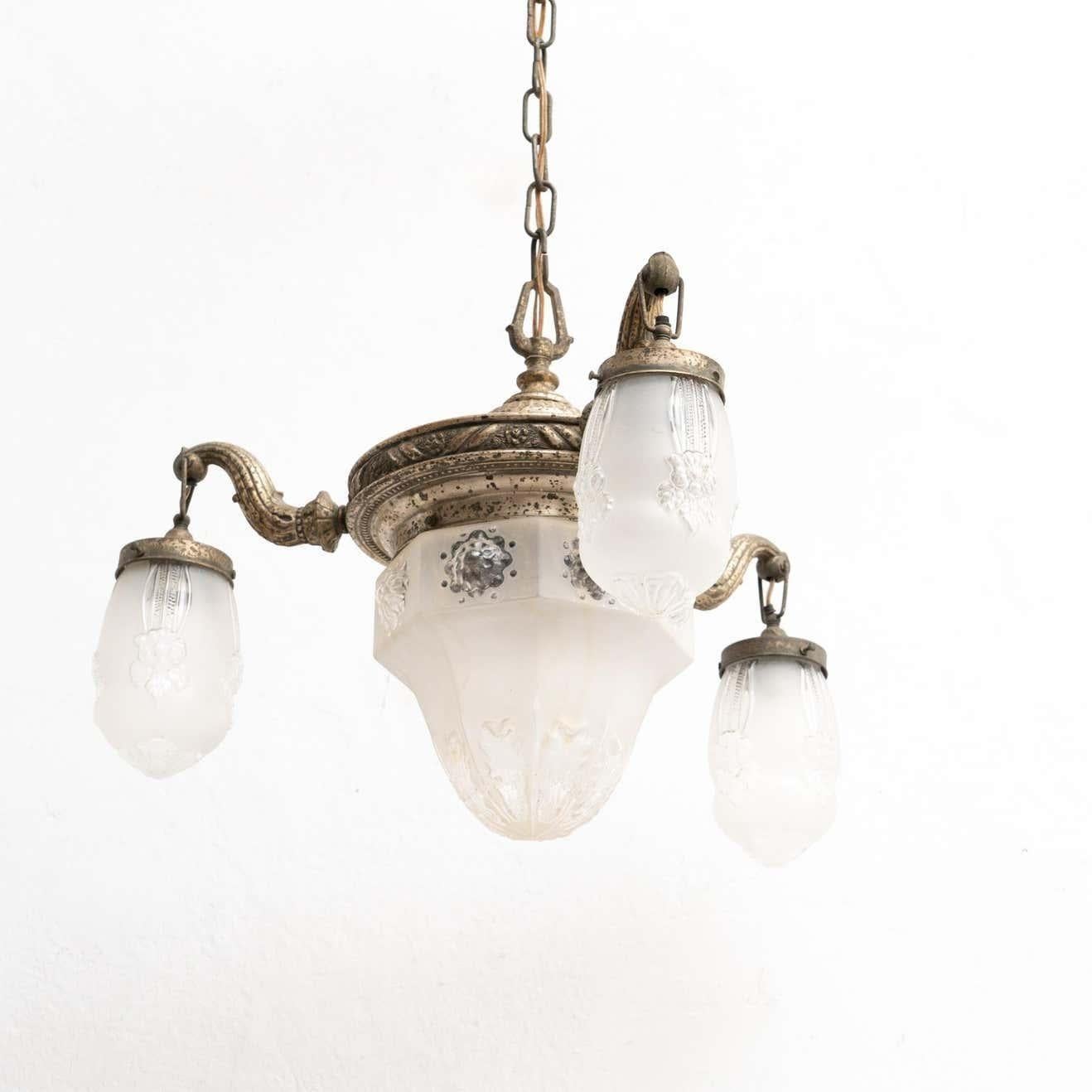 Vintage French Metal and Glass Ceiling Lamp, circa, 1930 In Good Condition For Sale In Barcelona, ES