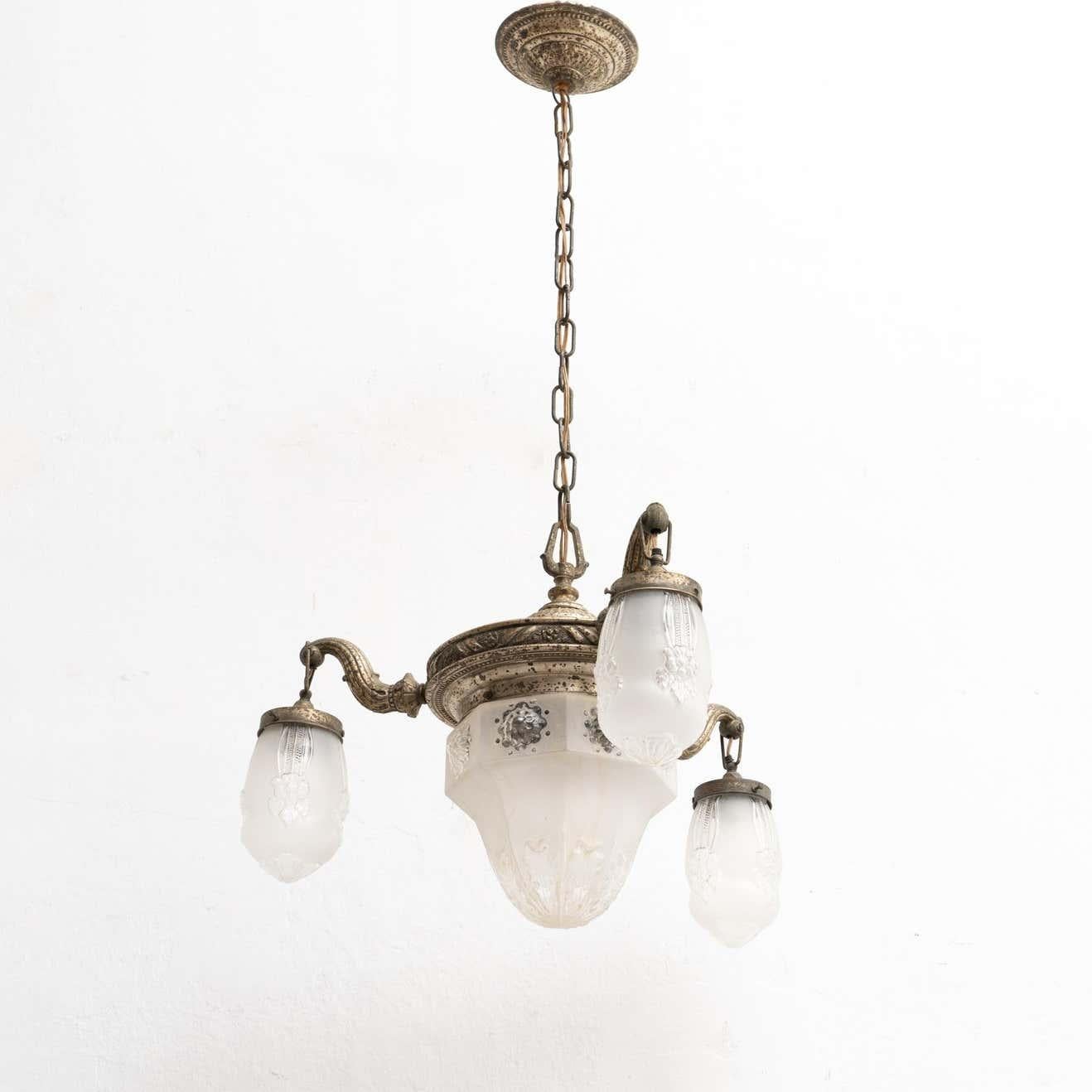 Mid-20th Century Vintage French Metal and Glass Ceiling Lamp, circa, 1930 For Sale