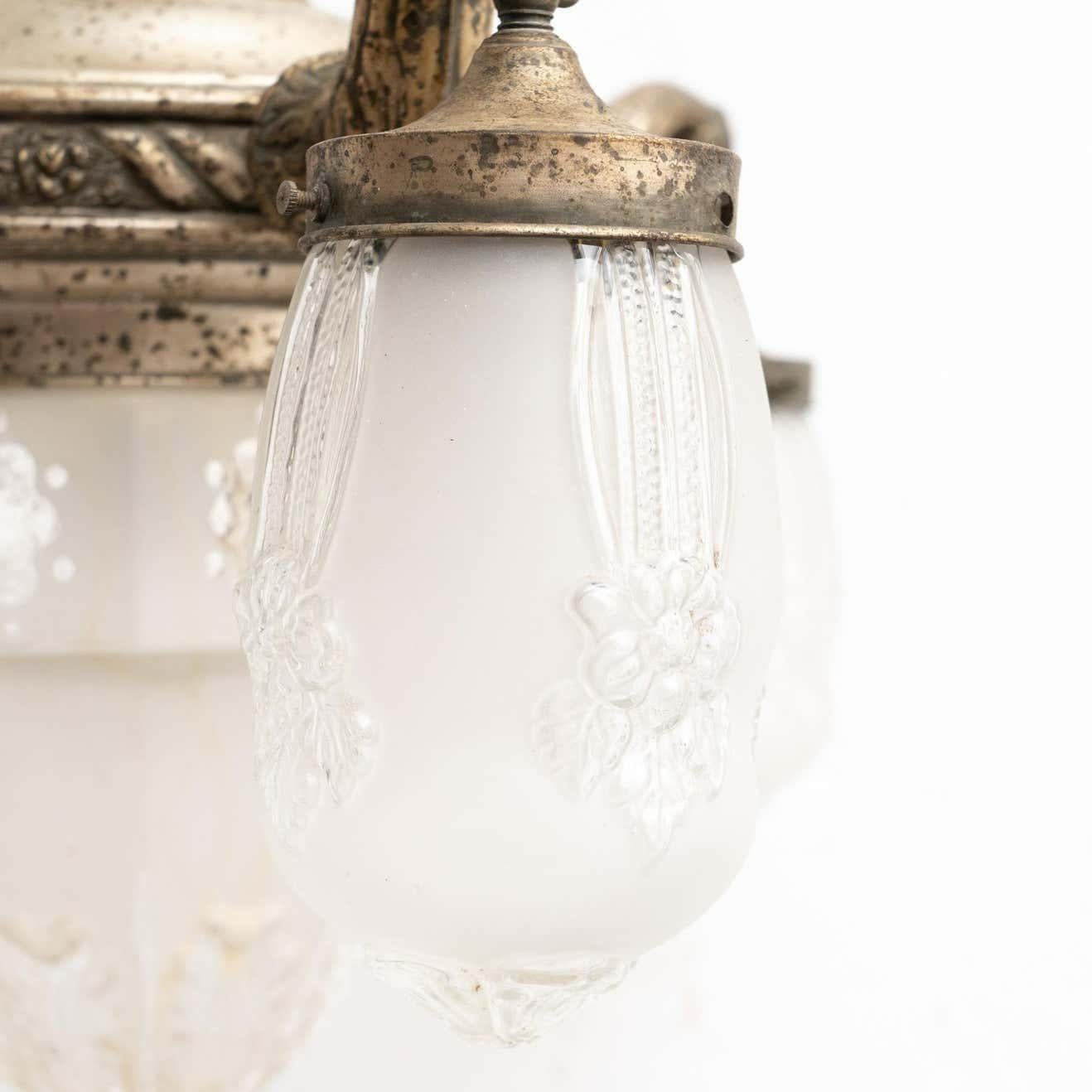 Vintage French Metal and Glass Ceiling Lamp, circa, 1930 For Sale 3