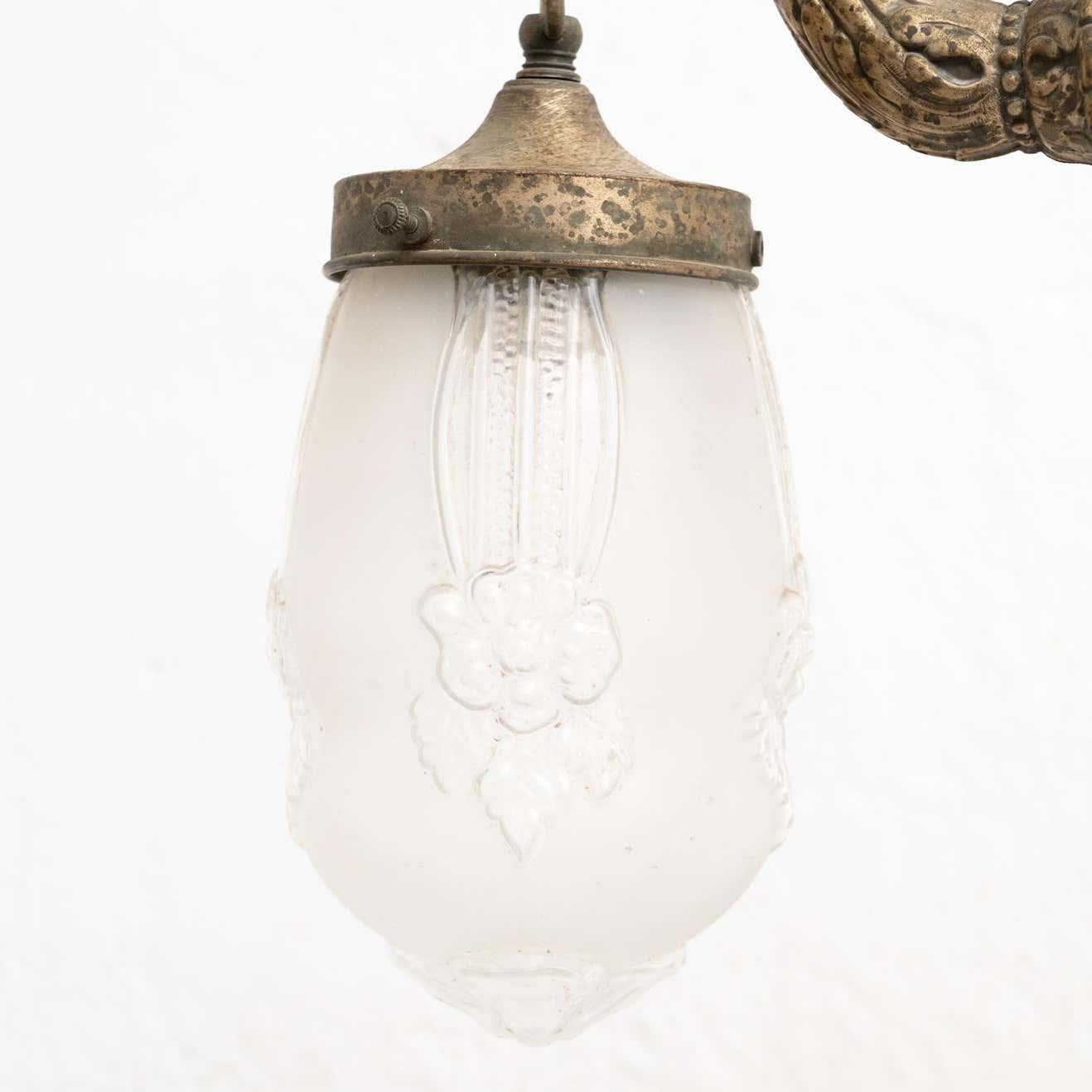 Vintage French Metal and Glass Ceiling Lamp, circa, 1930 For Sale 4
