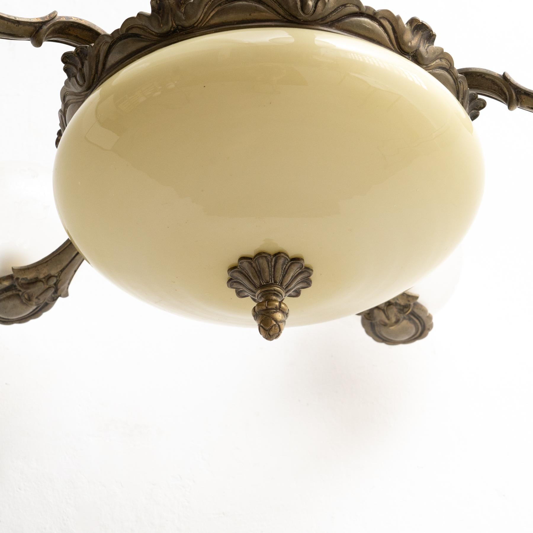 Vintage French Metal and Glass Ceiling Lamp circa 1940 5