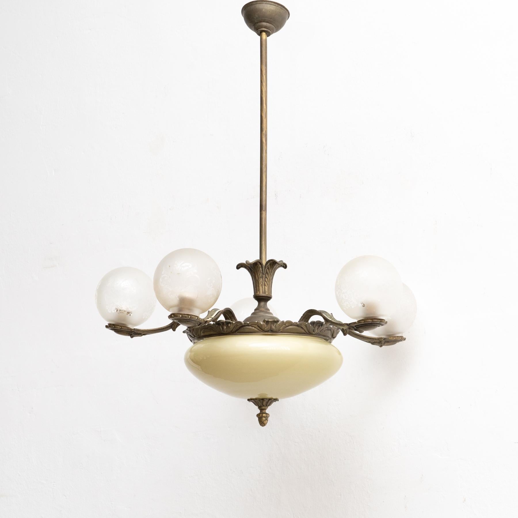 Art Deco Vintage French Metal and Glass Ceiling Lamp circa 1940 For Sale